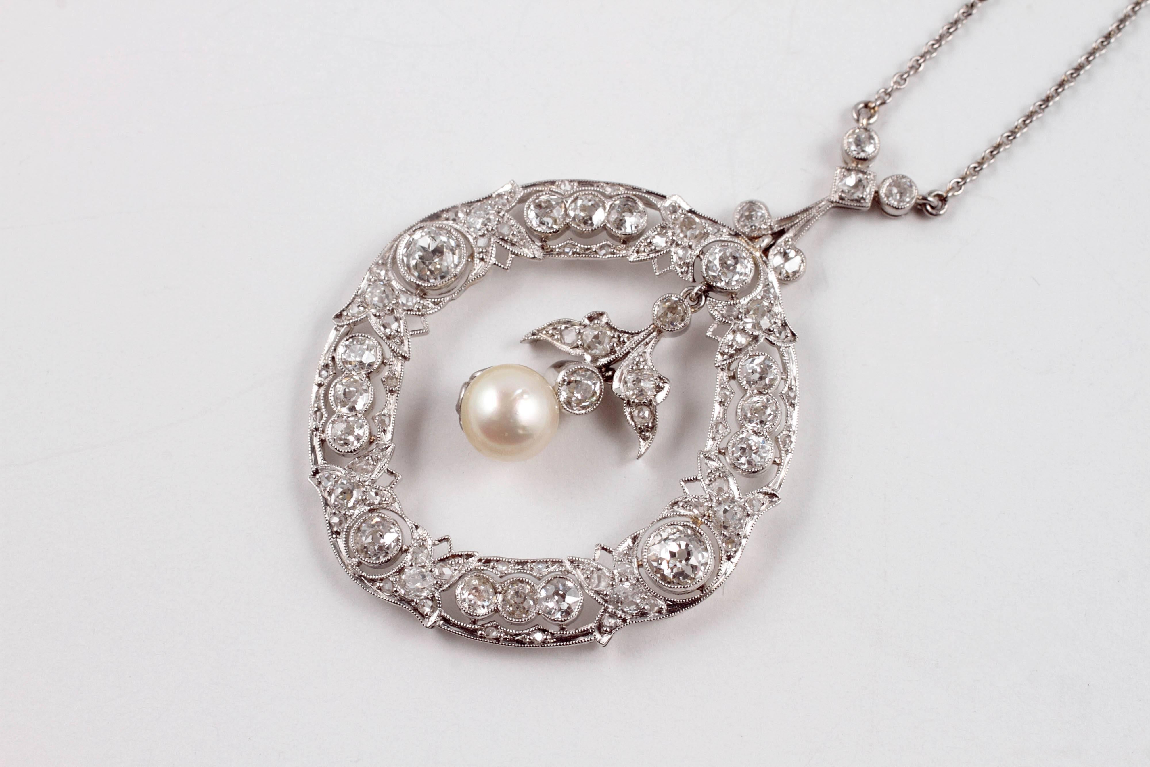 Edwardian 3.20 Carat Diamond Pearl Necklace 4