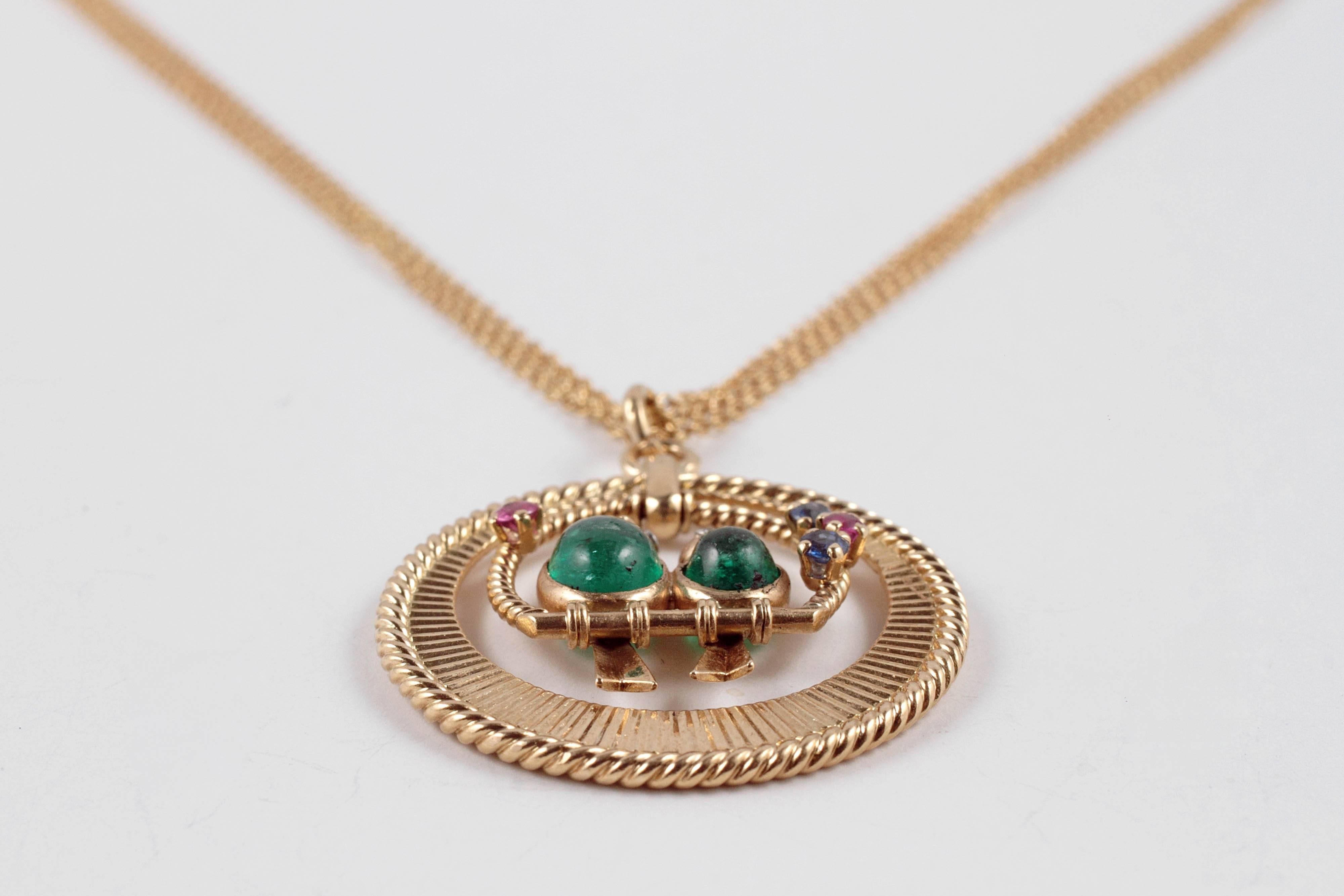 Women's or Men's Van Cleef & Arpels Emerald Sapphire Ruby Pendant with Associated Chain
