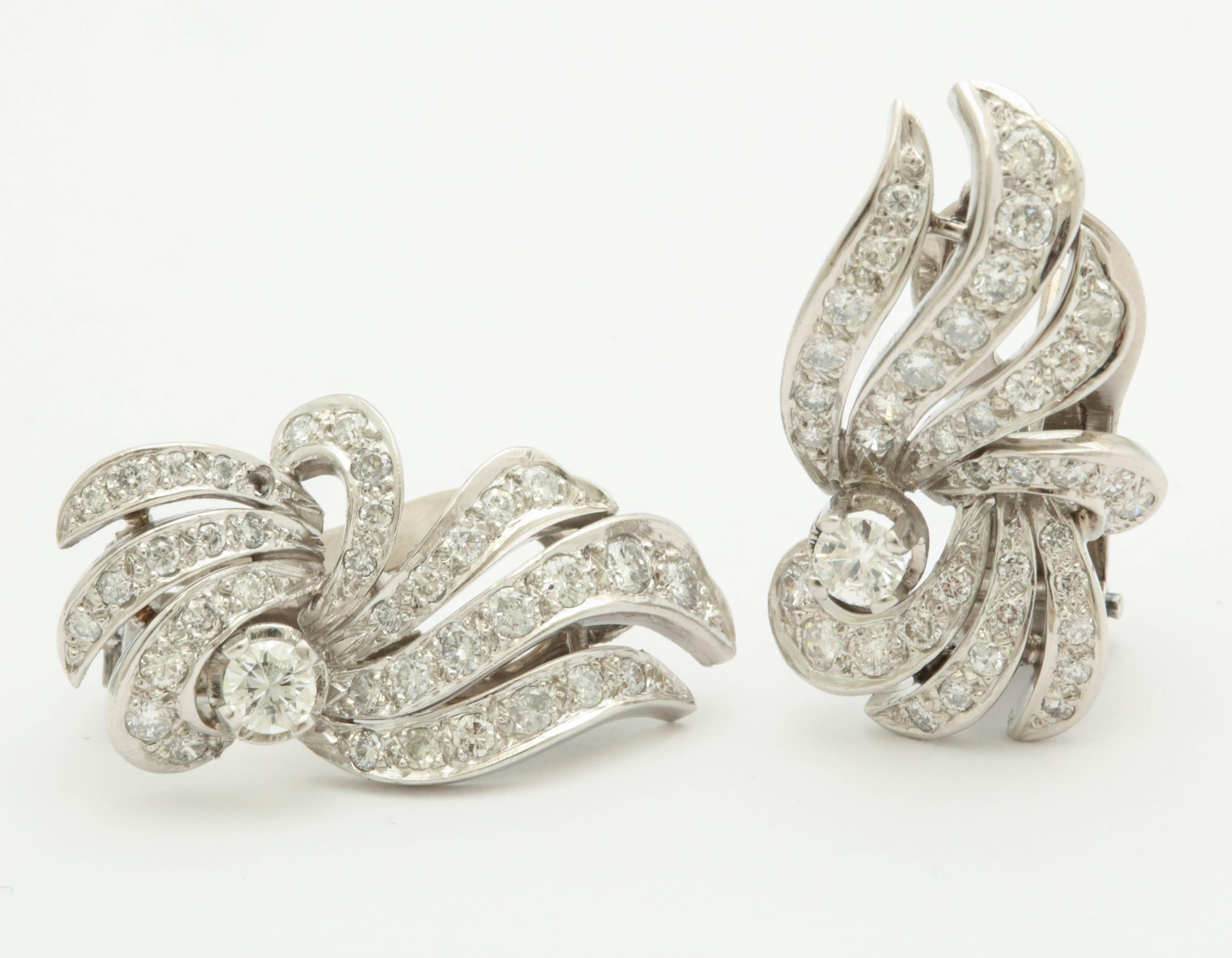Women's 1950s Flame and Wing Design Diamond Encrusted Platinum Earclips with Posts