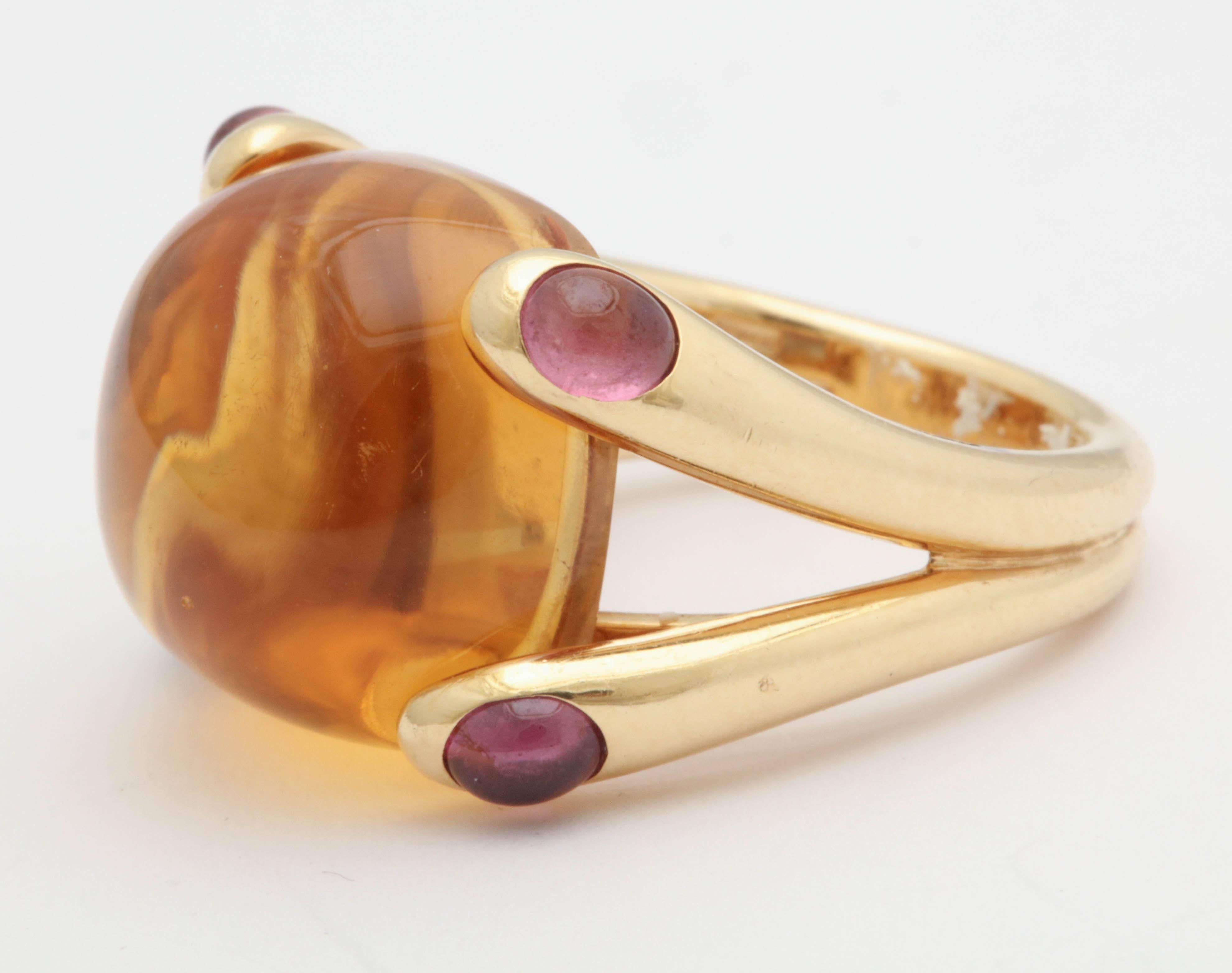 1980s Verdura Cabochon Citrine and Pink Tourmaline Gold Candy Ring In Excellent Condition In New York, NY