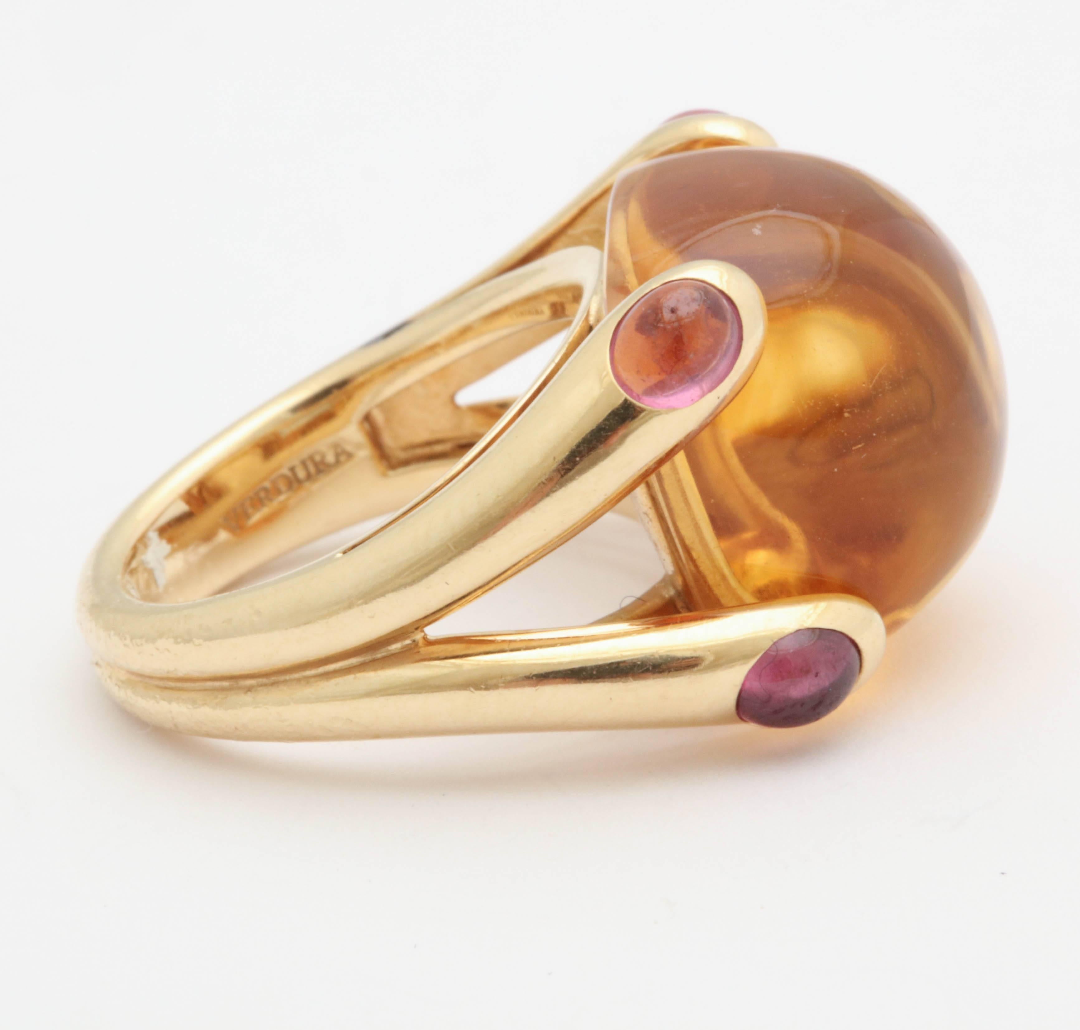 Women's 1980s Verdura Cabochon Citrine and Pink Tourmaline Gold Candy Ring
