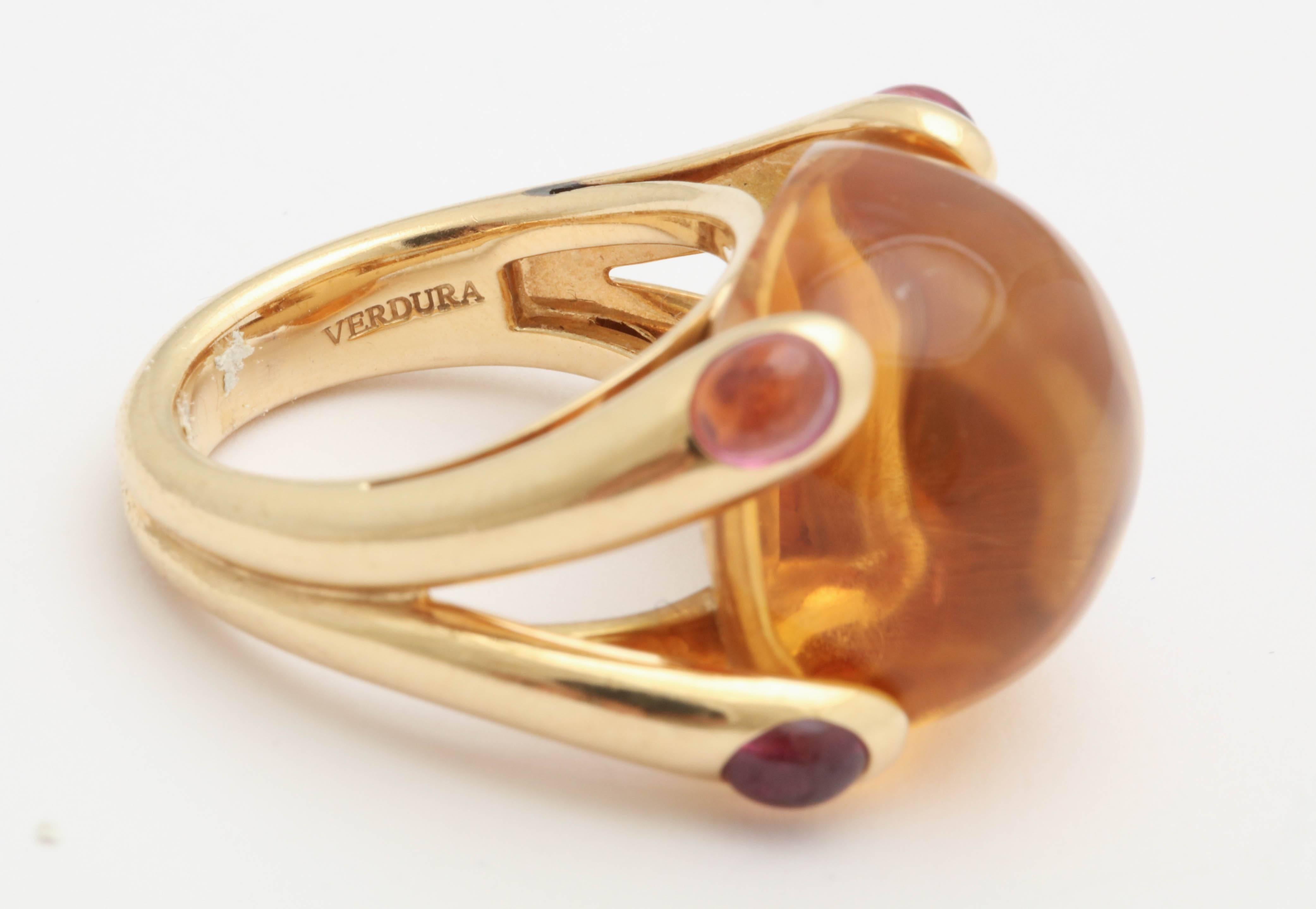 1980s Verdura Cabochon Citrine and Pink Tourmaline Gold Candy Ring 2