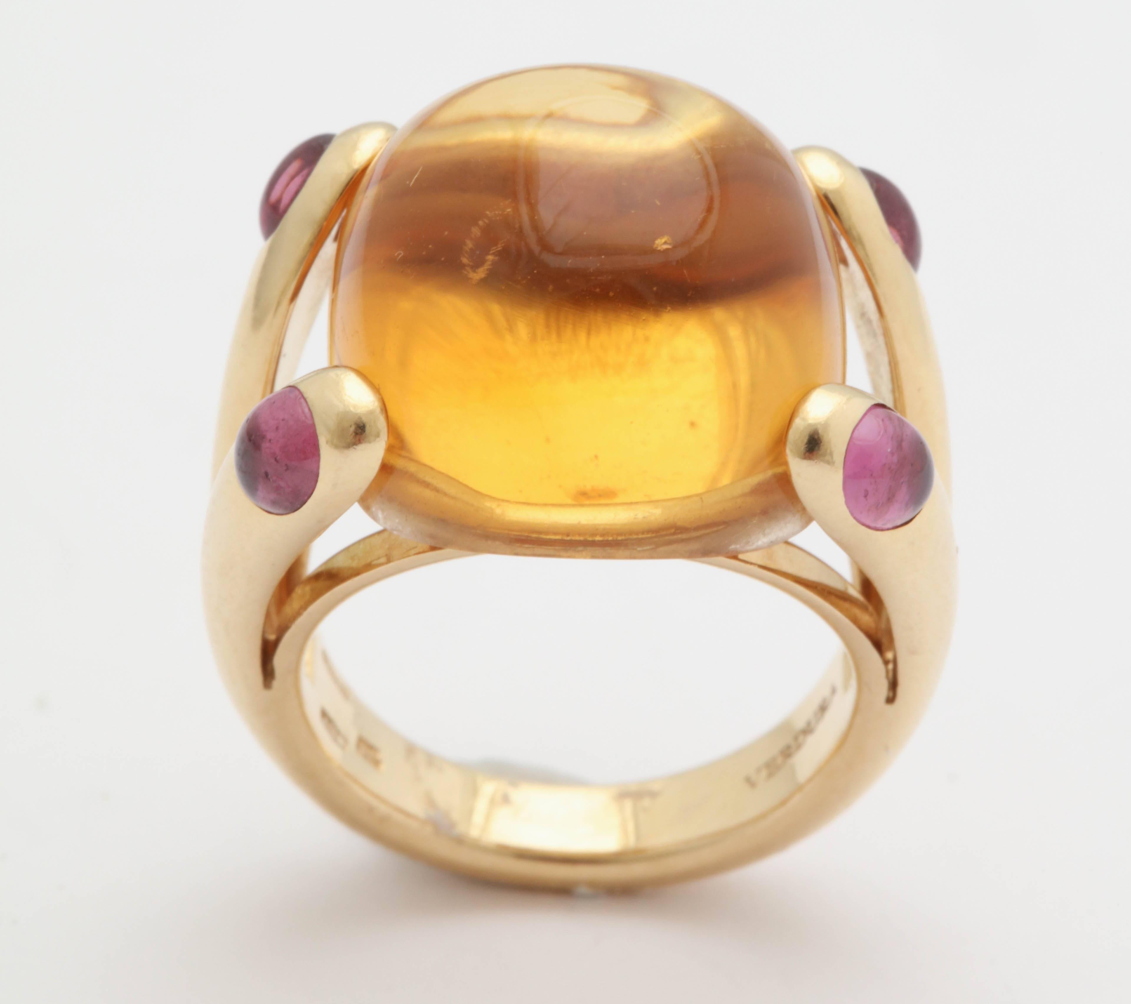 1980s Verdura Cabochon Citrine and Pink Tourmaline Gold Candy Ring 4