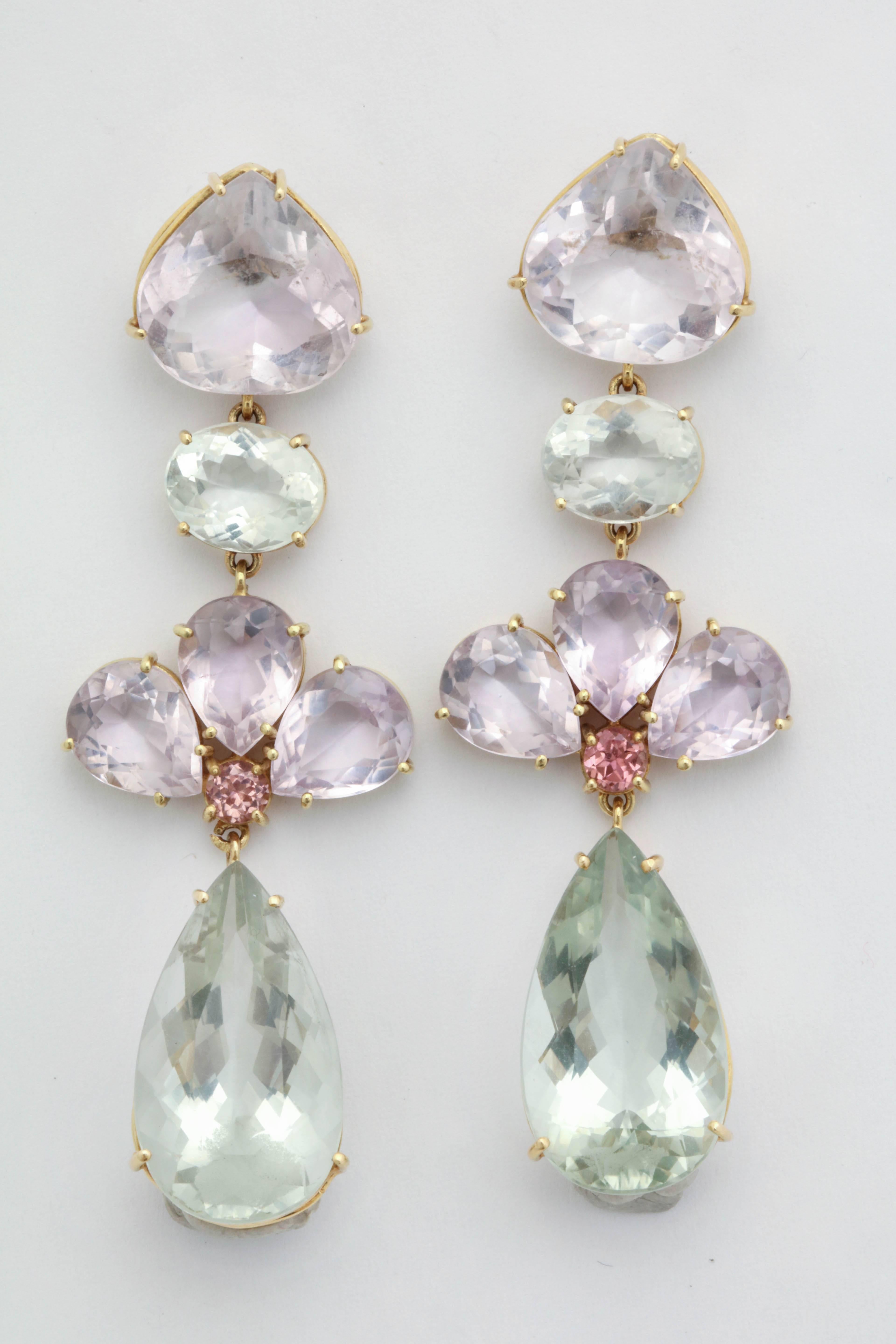 One Pair Of Ladies 18kt Yellow Gold Ear Pendant Earrings Embellished With 10 Pale Faceted Prong Set Pink Kunzite And Further Designed With Two Large Prong Set Pear Shaped Green Quartz Stones Measuring Approximately 10 Carats Total Weight.NOTE: For