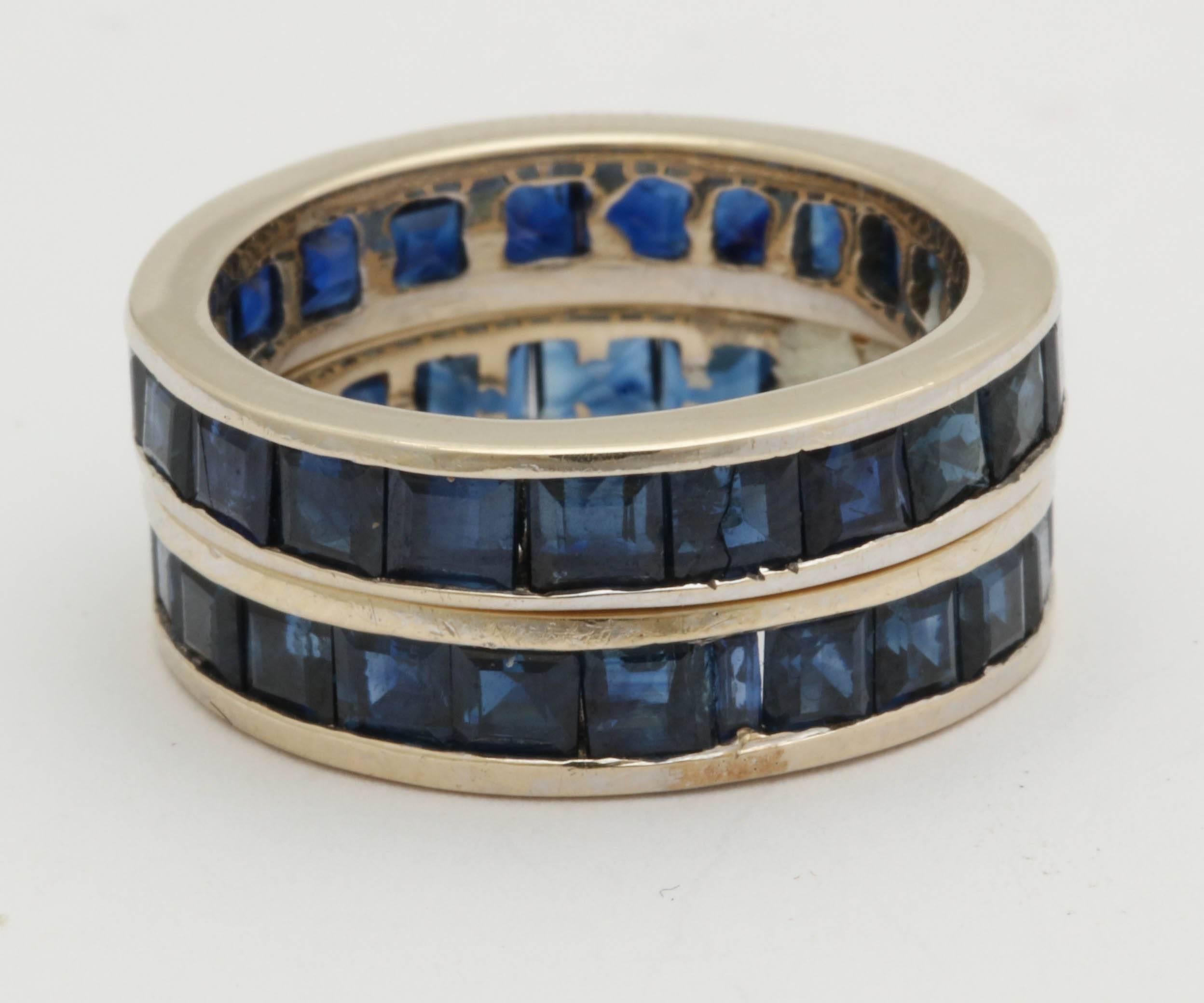 Women's or Men's 1940s Pair of Square Cut Deep Blue Sapphire White Gold Eternity Bands