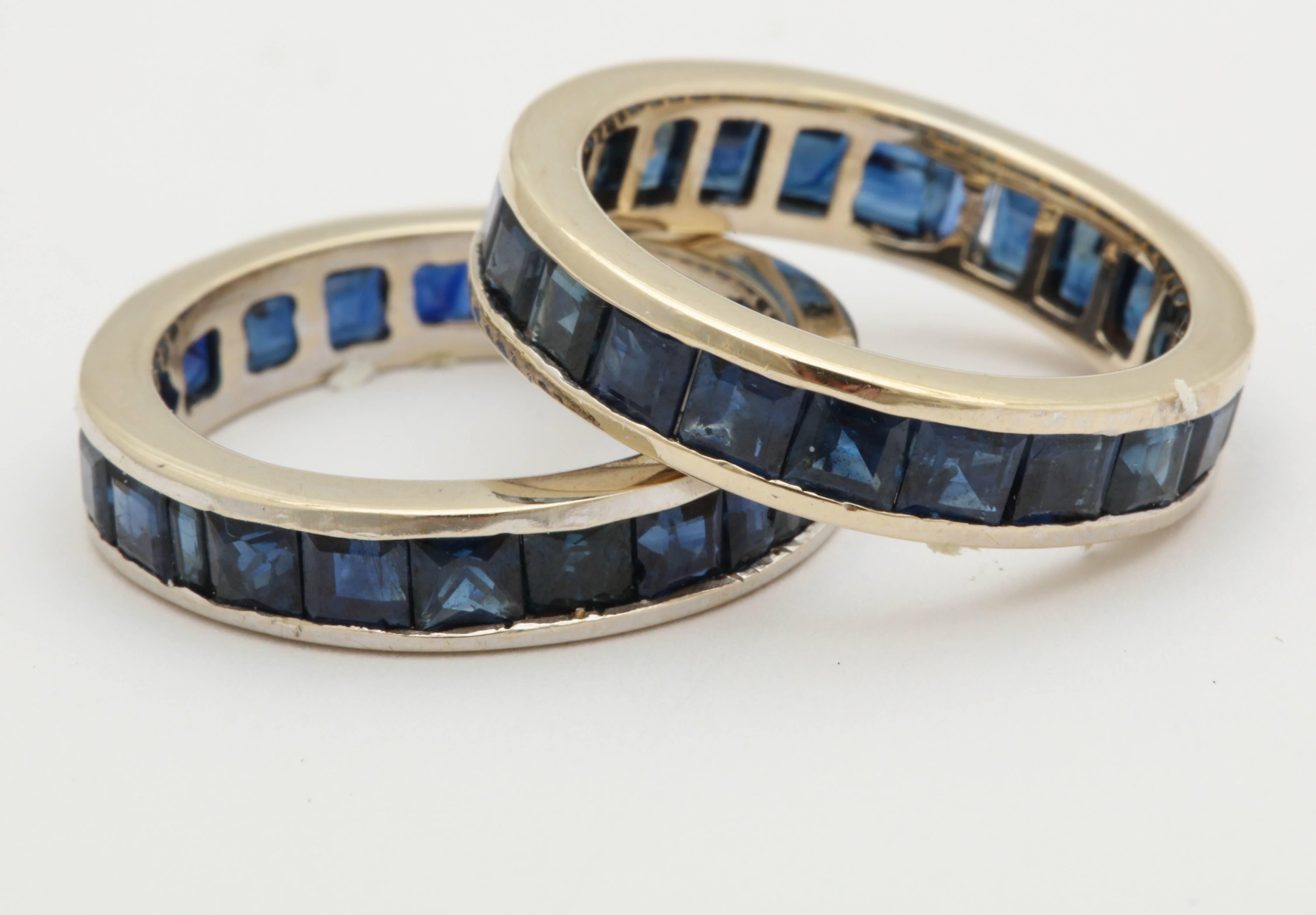 1940s Pair of Square Cut Deep Blue Sapphire White Gold Eternity Bands 3