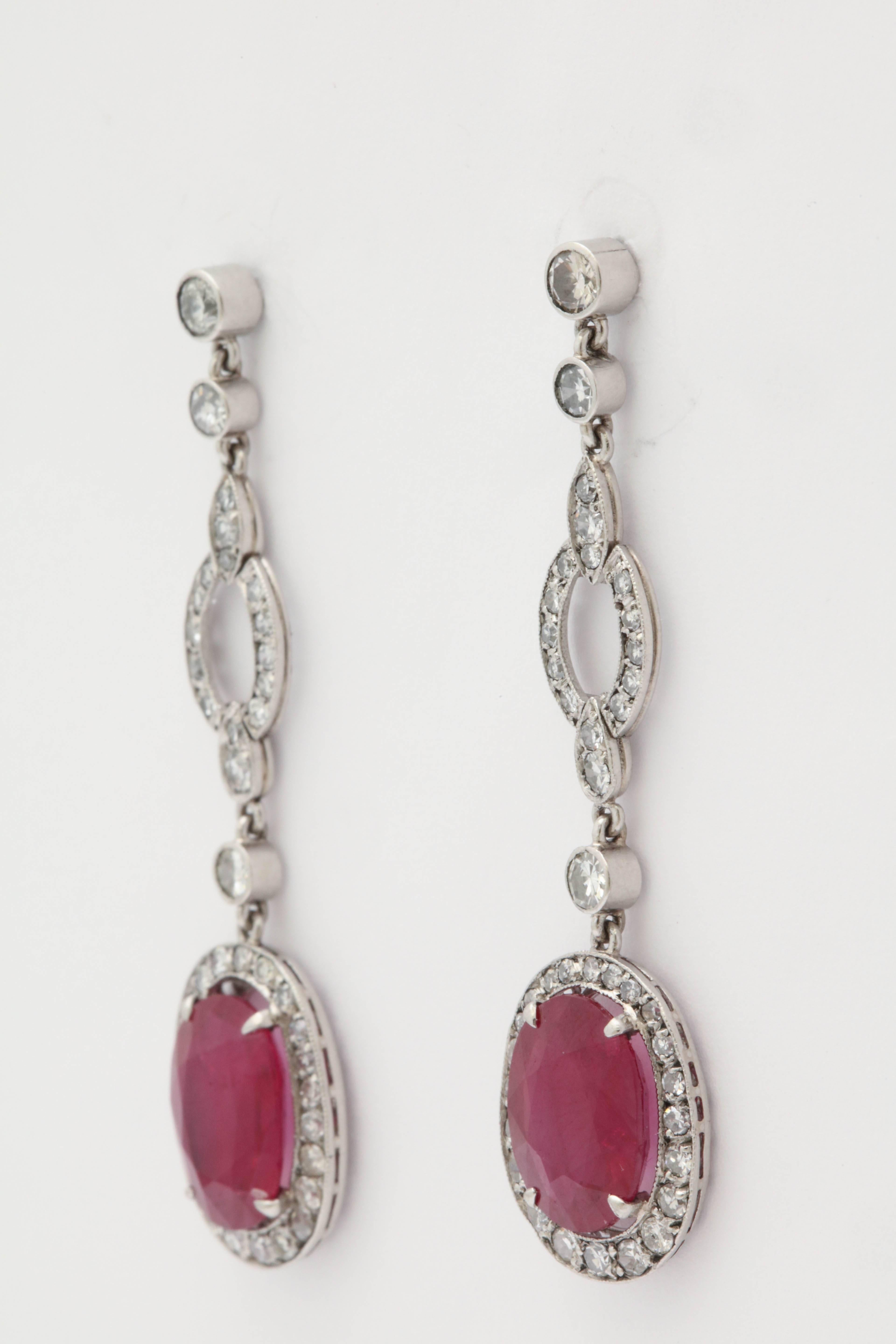 1950s Scissor Cut Ruby and Diamond Platinum Drop Earrings with Posts 1
