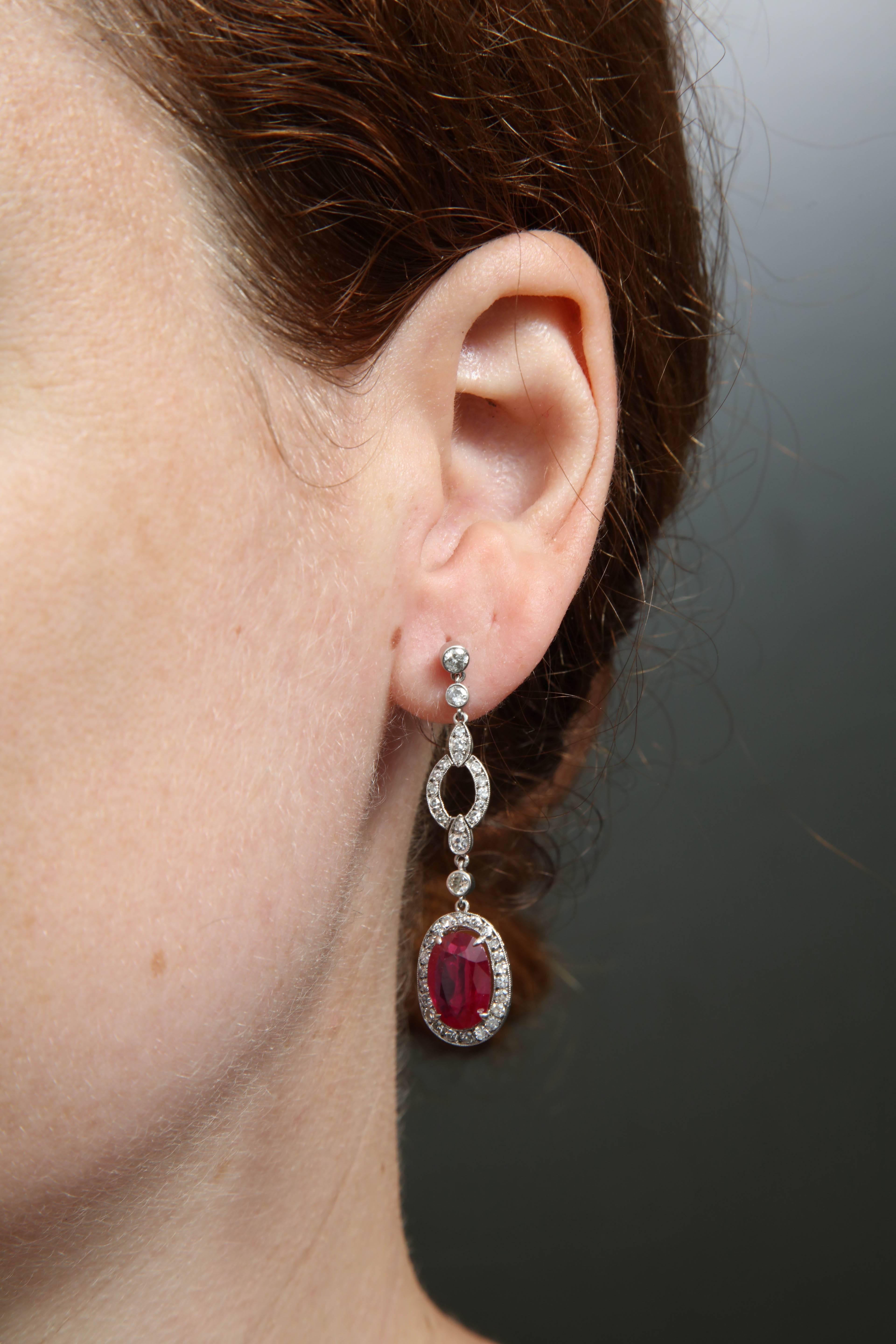 1950s Scissor Cut Ruby and Diamond Platinum Drop Earrings with Posts 3