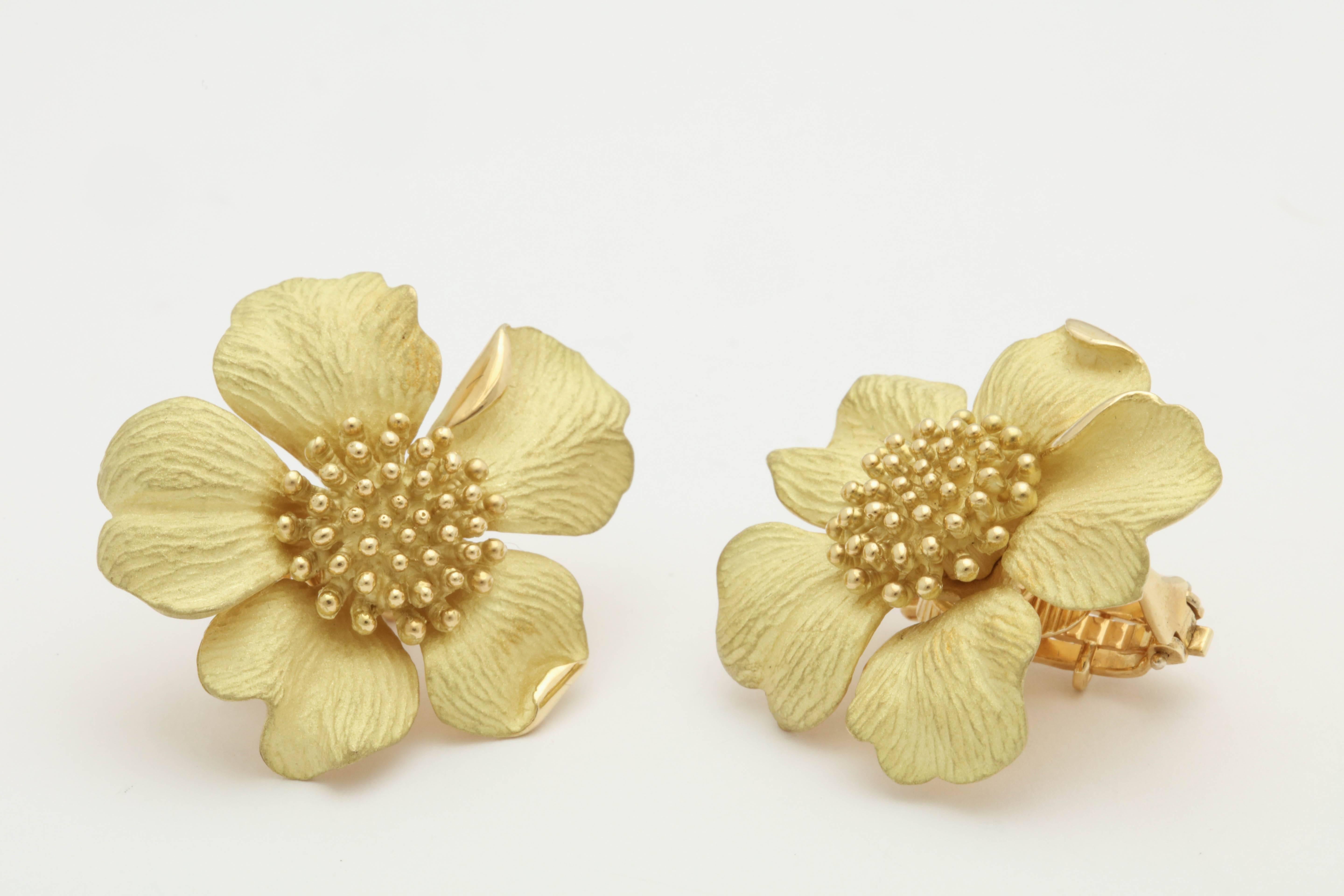 Women's 1980s Tiffany & Co. Large Figural Cherry Blossom Flower Matte Gold Earrings