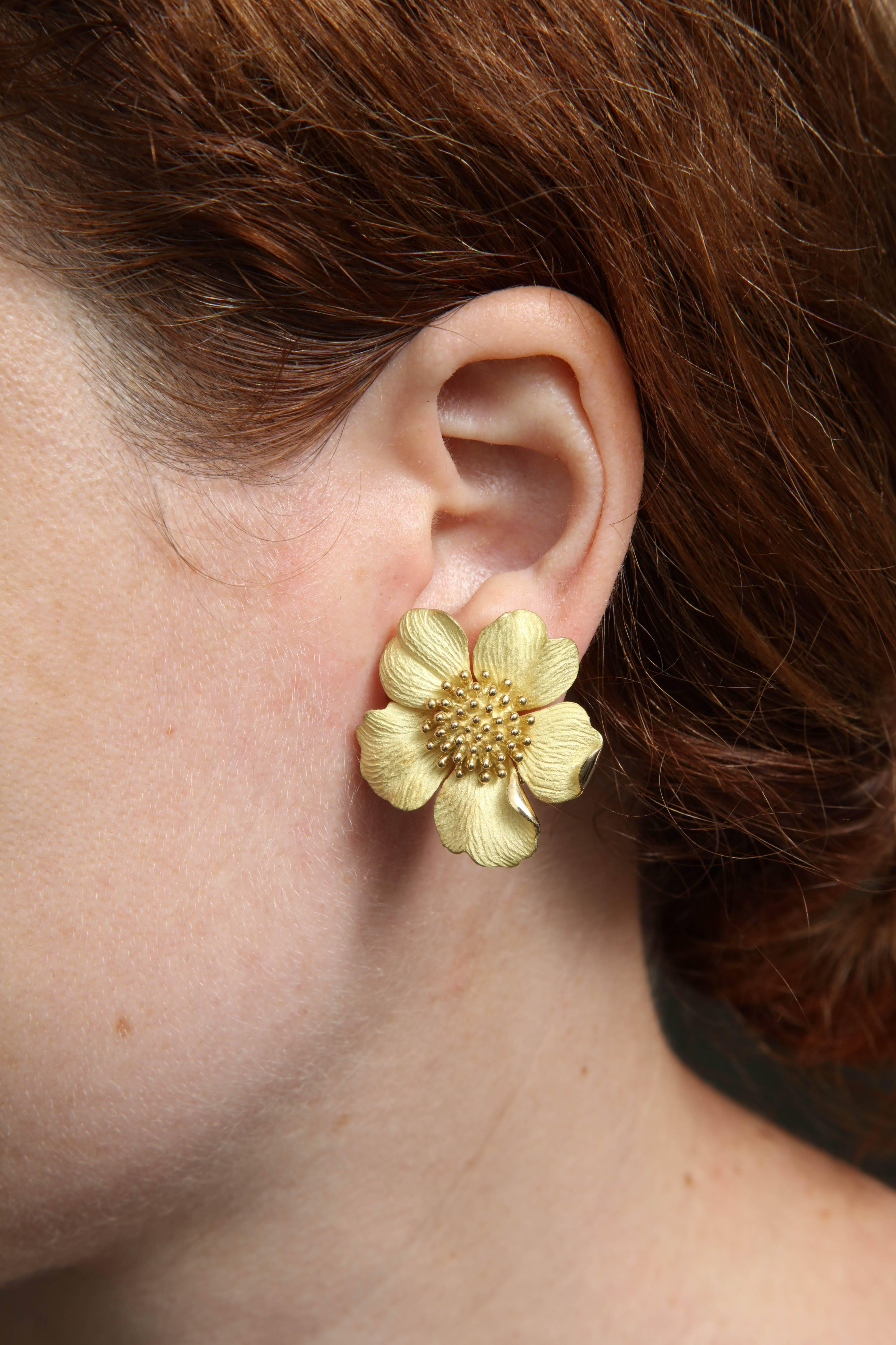 1980s Tiffany & Co. Large Figural Cherry Blossom Flower Matte Gold Earrings 2