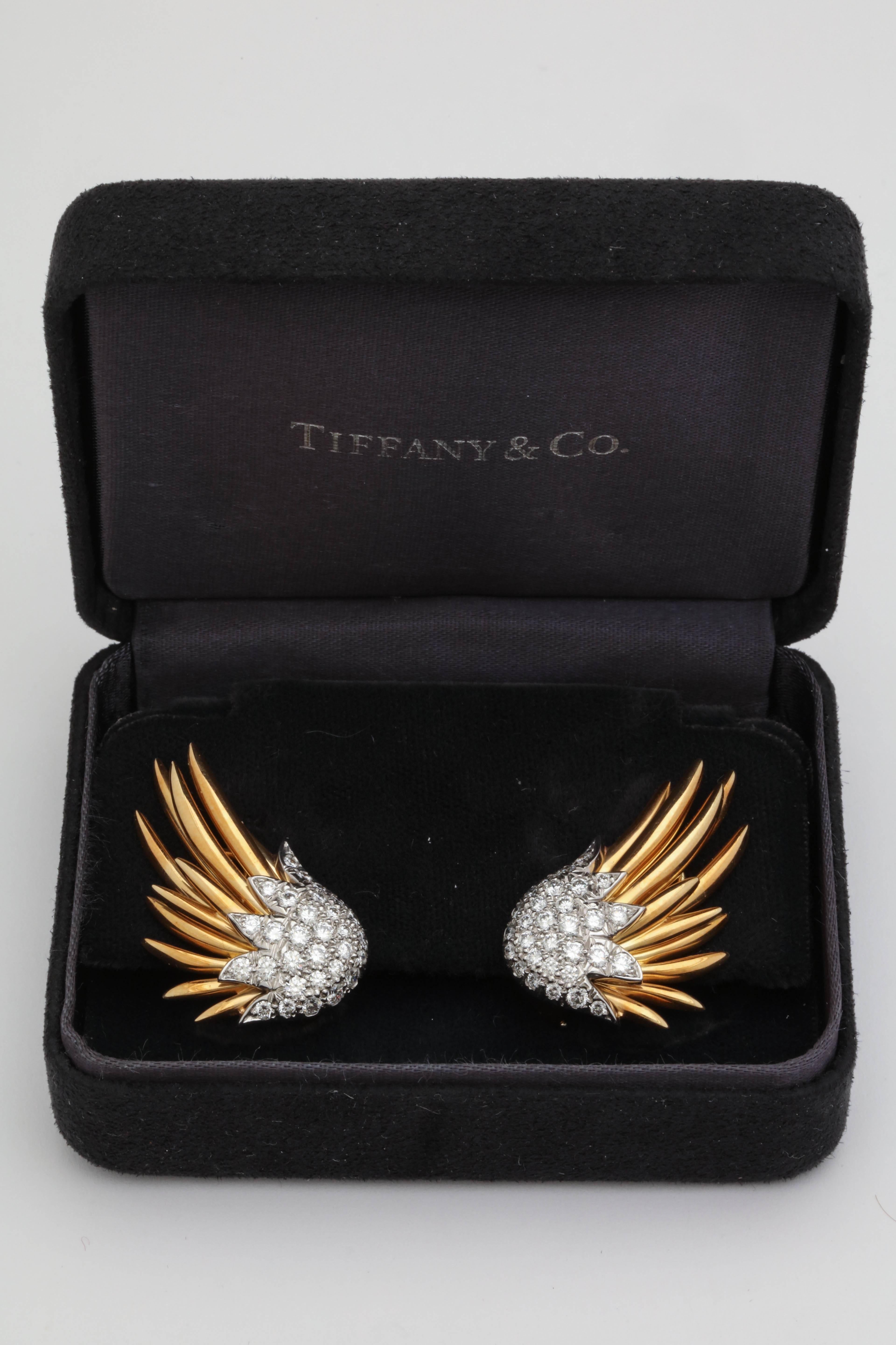 Schlumberger for Tiffany & Co. Diamond and Gold and Platinum Flame Wing Earrings In Excellent Condition In New York, NY