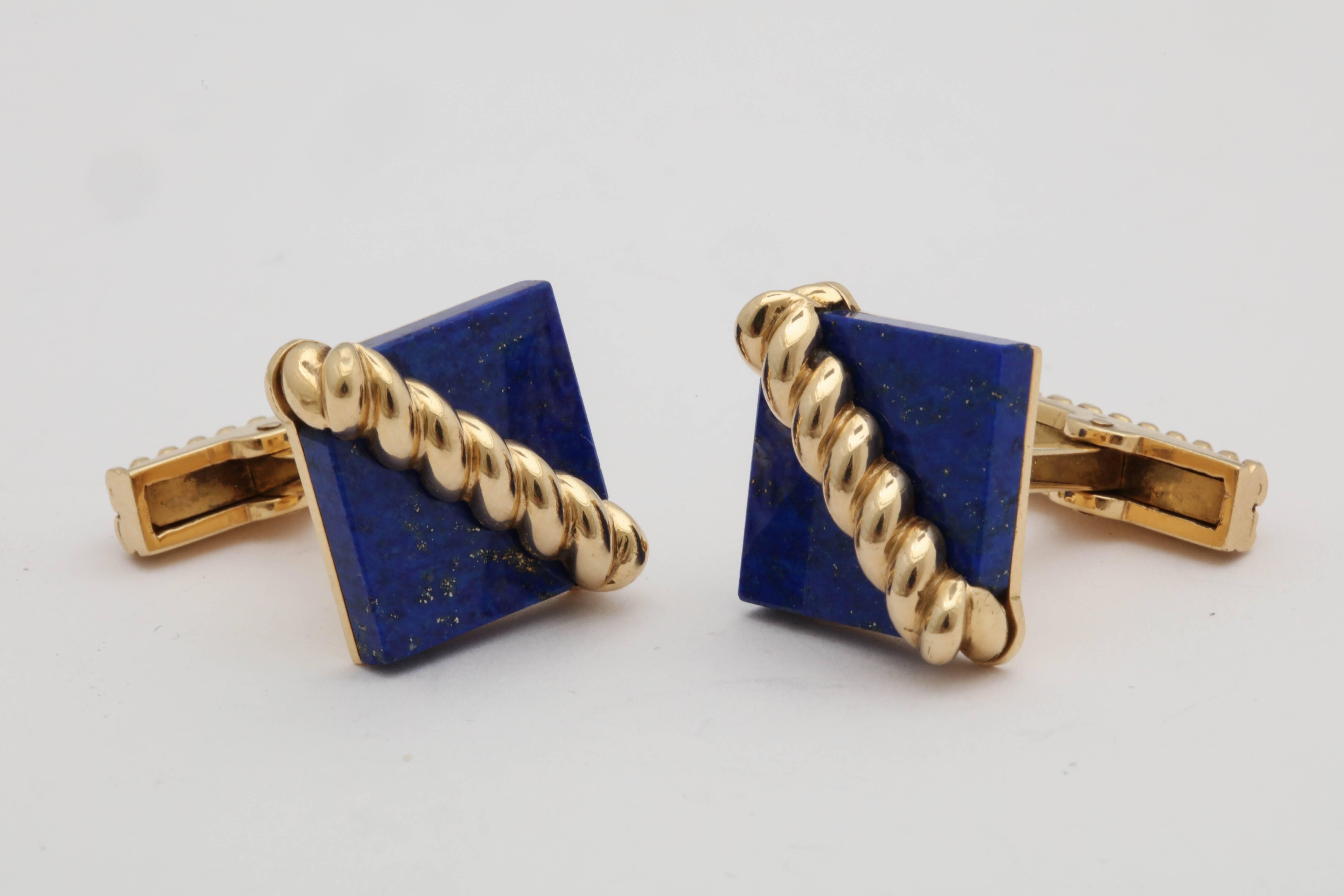 Men's 1970s Tiffany & Co. Lapis Lazuli and Ridged Textured Gold Cufflinks