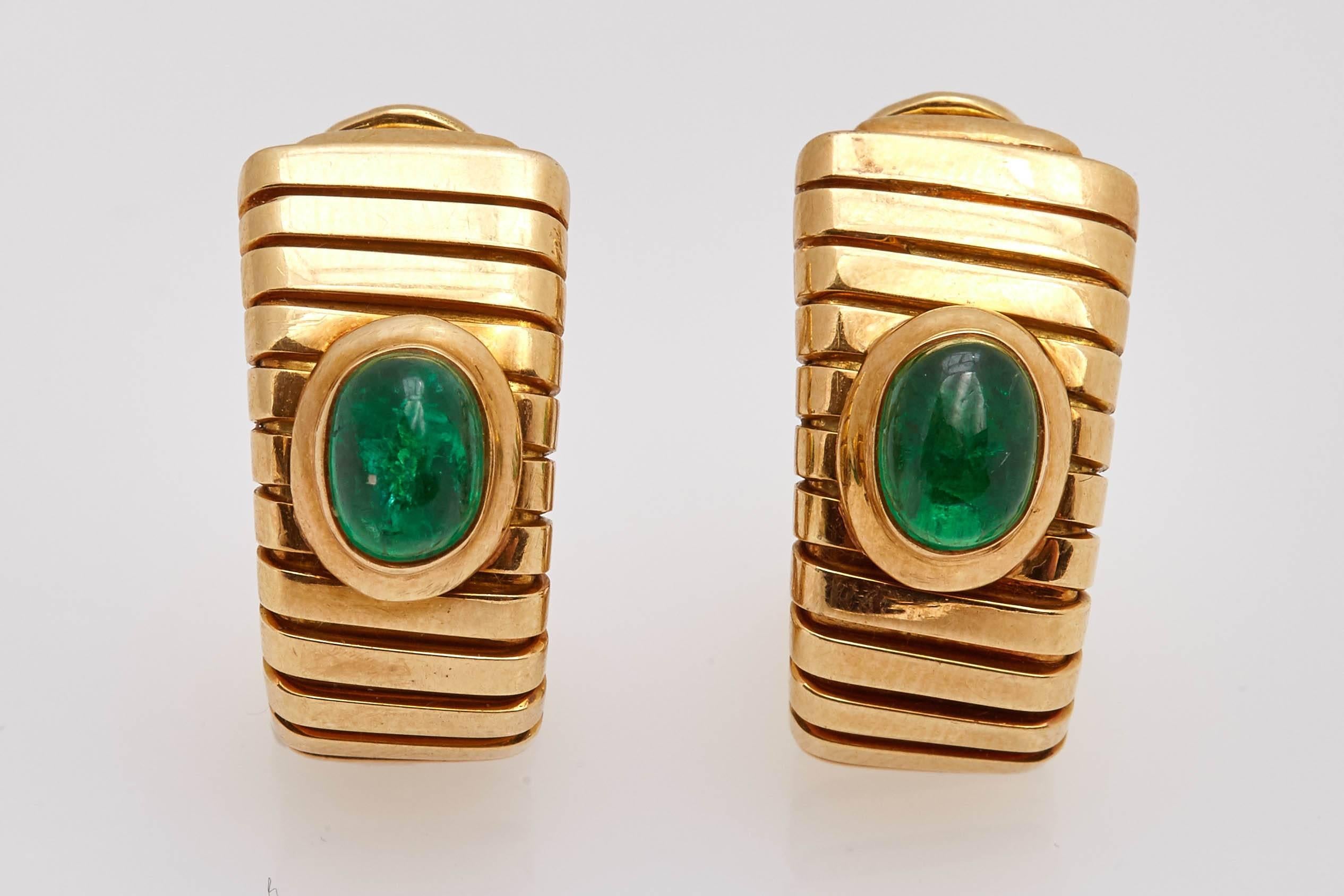 Bulgari Emerald and Gold Tubogas Earclips In Excellent Condition In New York, NY