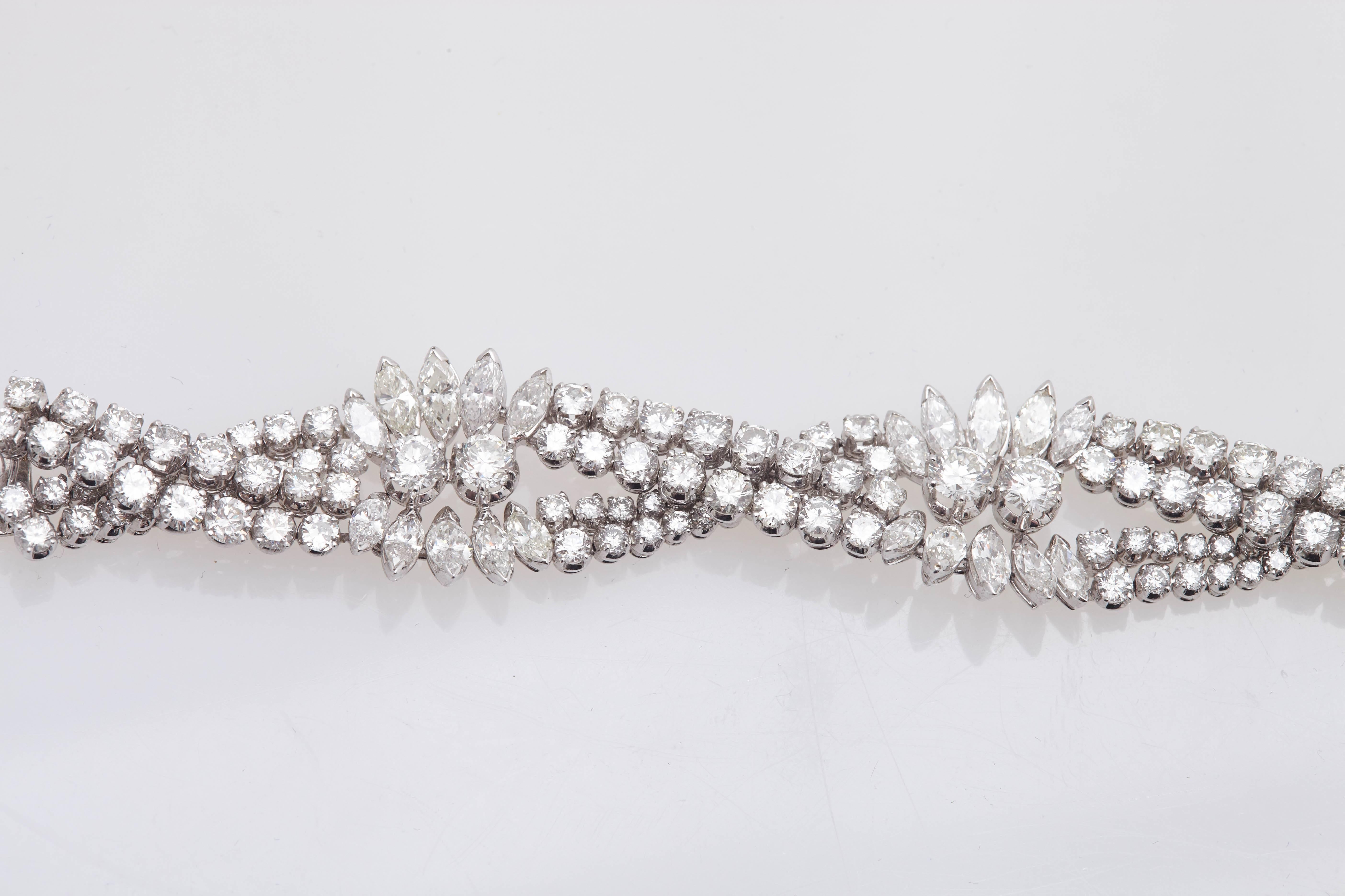 A Diamond bracelet featuring fine quality brilliant and marquise cut diamonds for a total weight of 25 carats (F/G colour, VVS clarity). Mounted on platinum, circa 1980s.