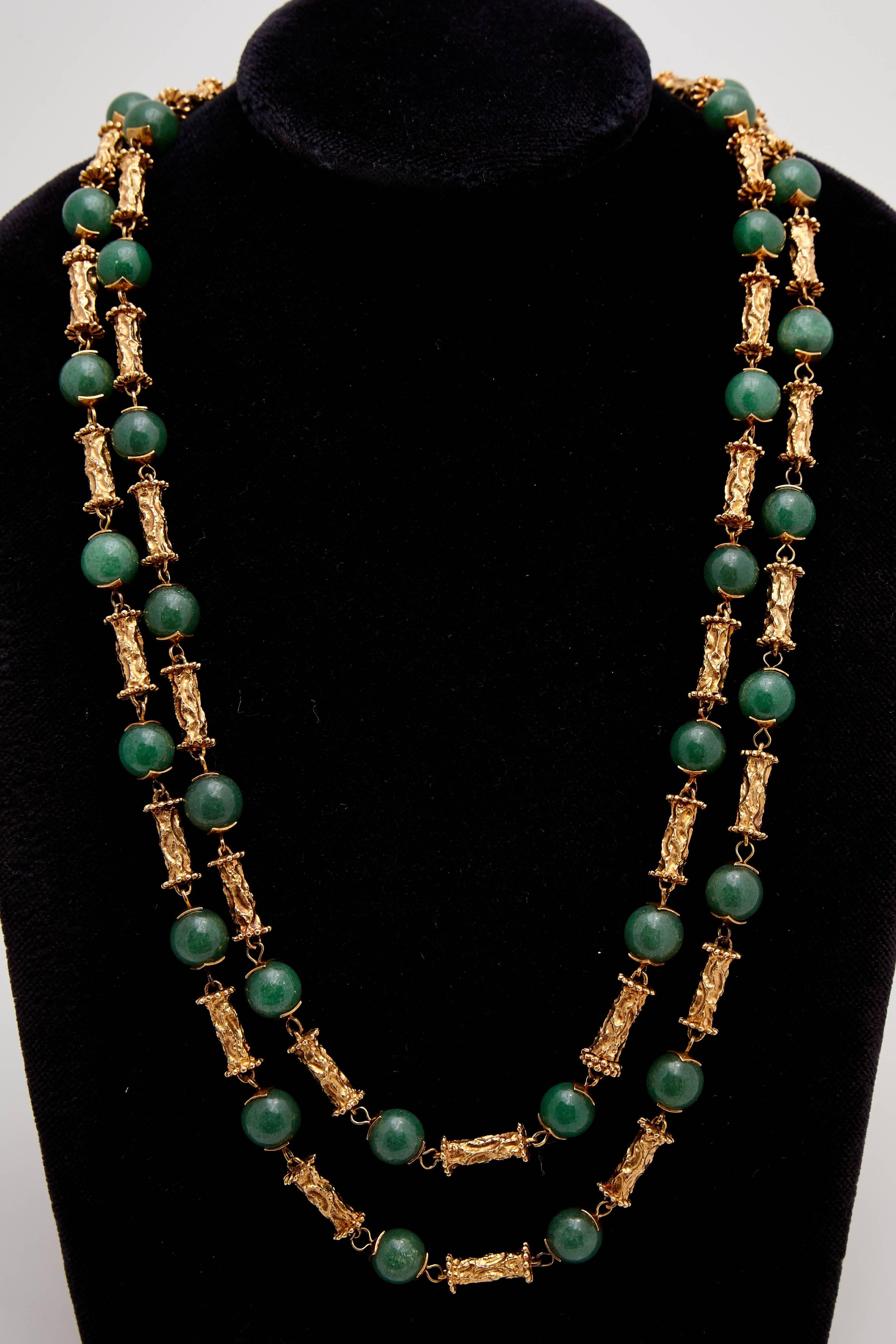 Retro Long Jade and Gold Necklace
