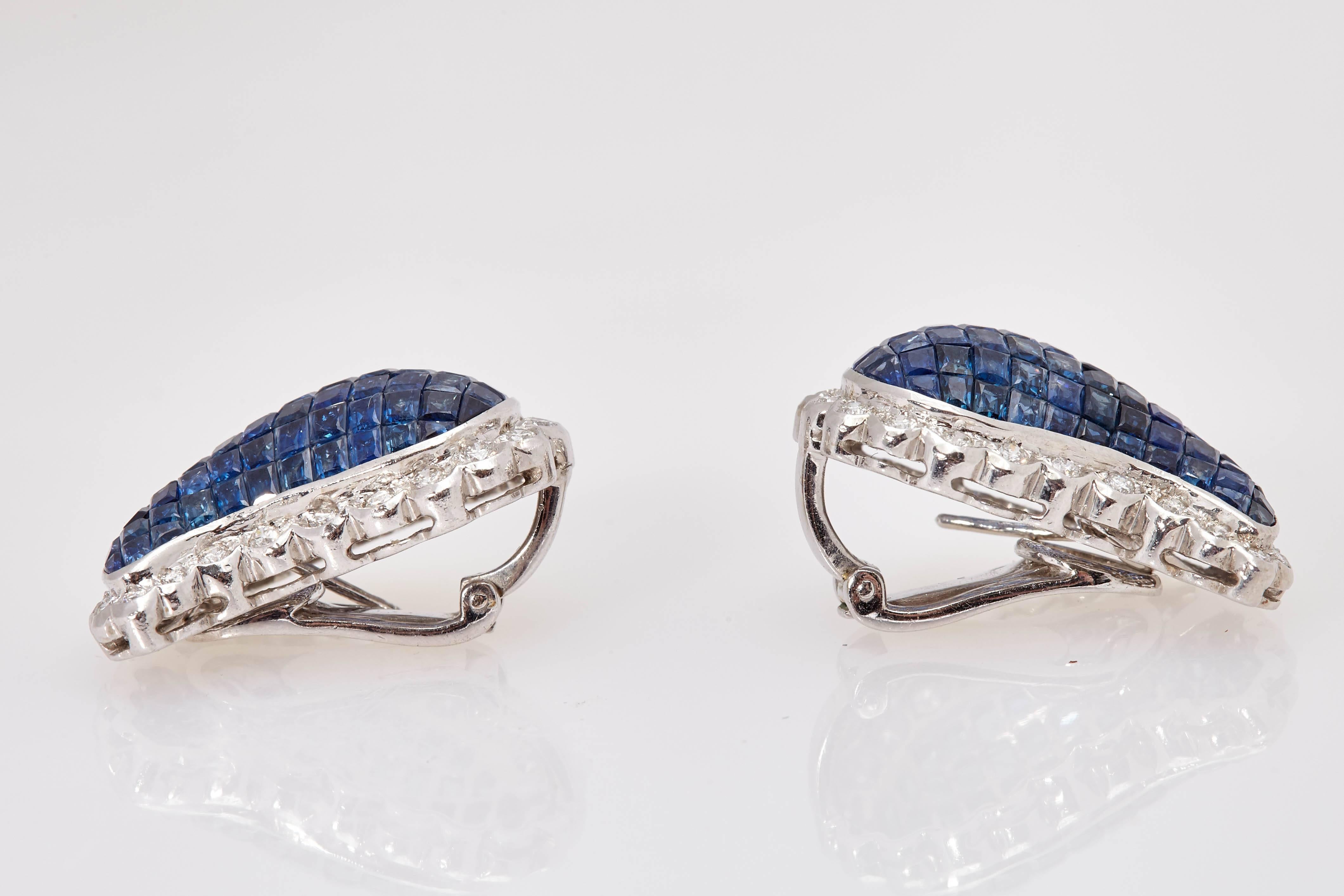Earrings in 18K White Gold with Invisible Set Sapphires & Diamonds. Made in Italy, circa 1980s.