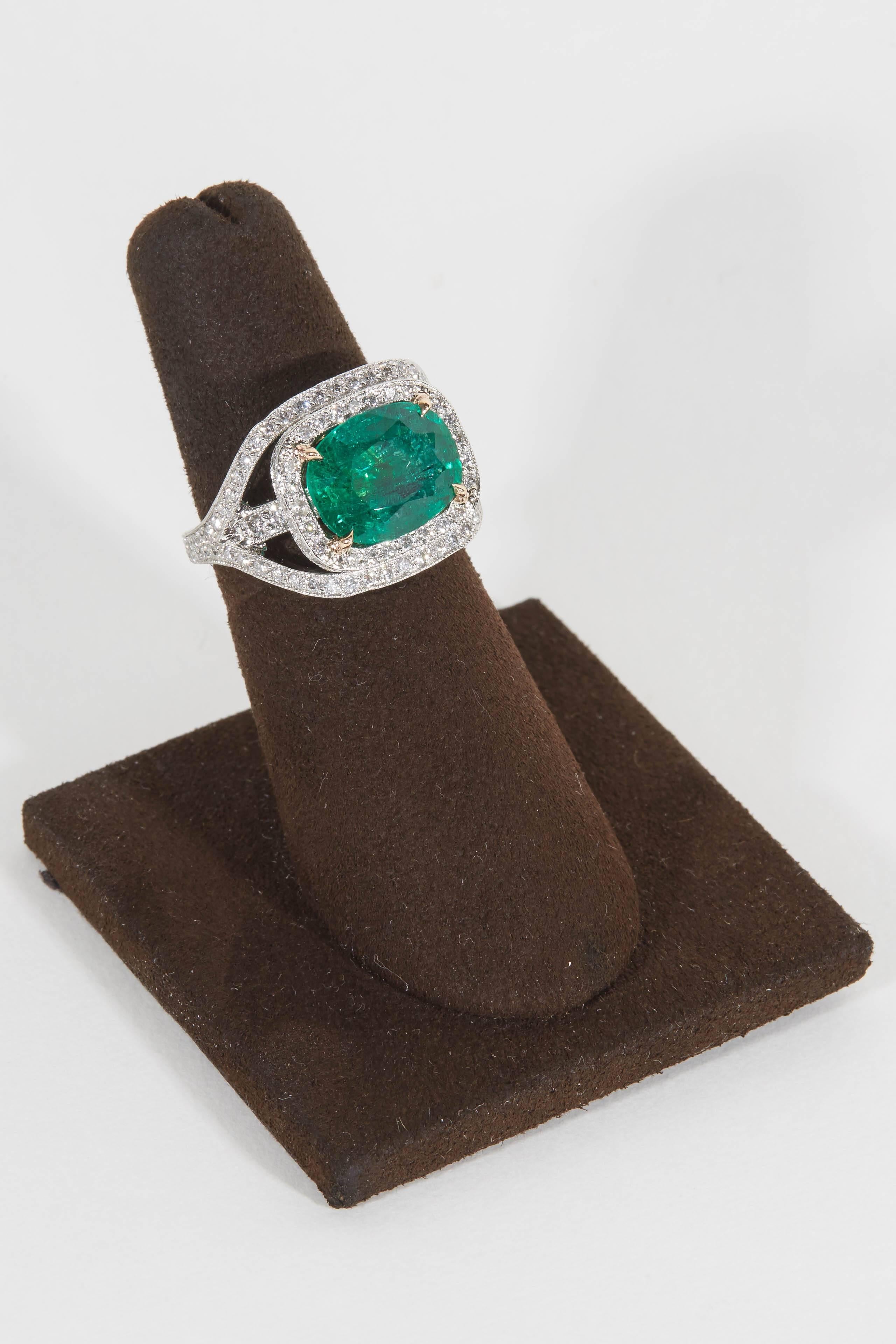 Cushion Cut Emerald and Diamond Ring For Sale