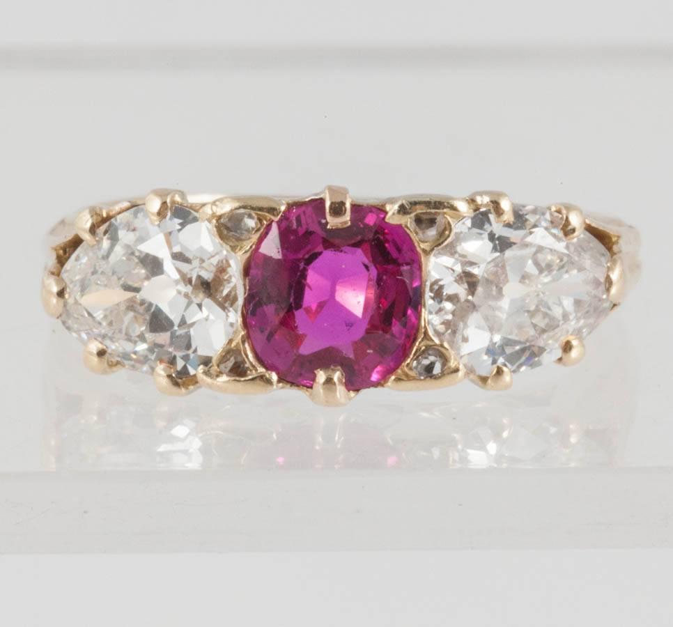 Late Victorian natural Burma Ruby and Diamond ring set in 18ct yellow Gold.
Finger size I
1.2cts estimated diamond weight