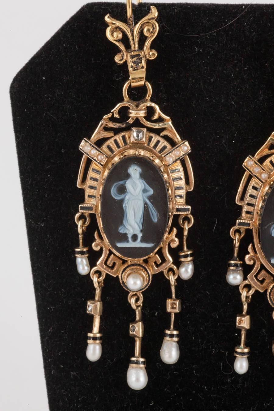 These Cameo earrings are beautifully set with Diamonds and Pearls. 15ct Gold