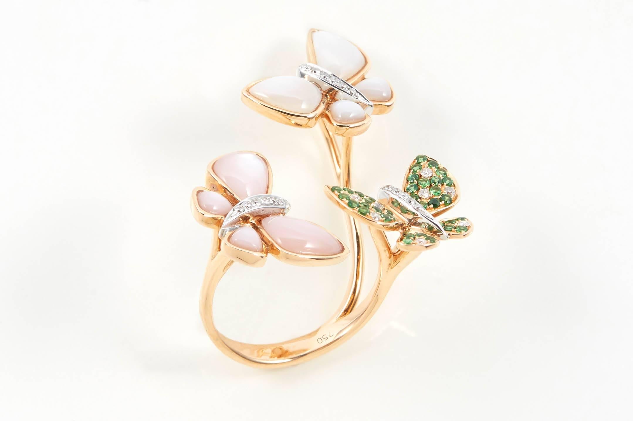 SAM SAAB Butterfly Motif 18k yellow gold ring with .16ct white diamonds and mother of pearl in multi colors. Size 6 - re-sizable.