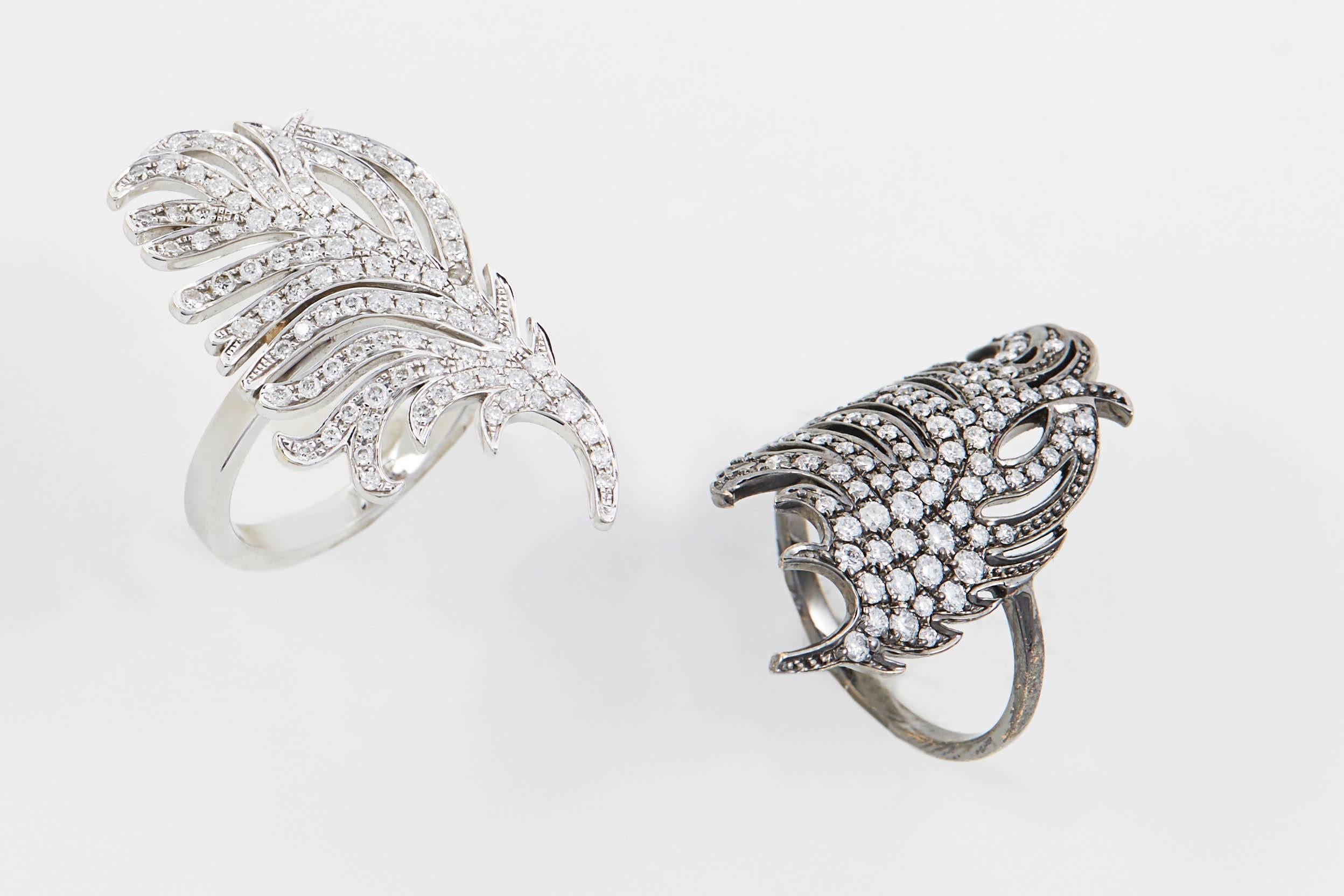 SAM.SAAB feather motif ring in 18k white gold and 1.0ct black diamonds. Size 4 to be worn mid finger. Re-sizable