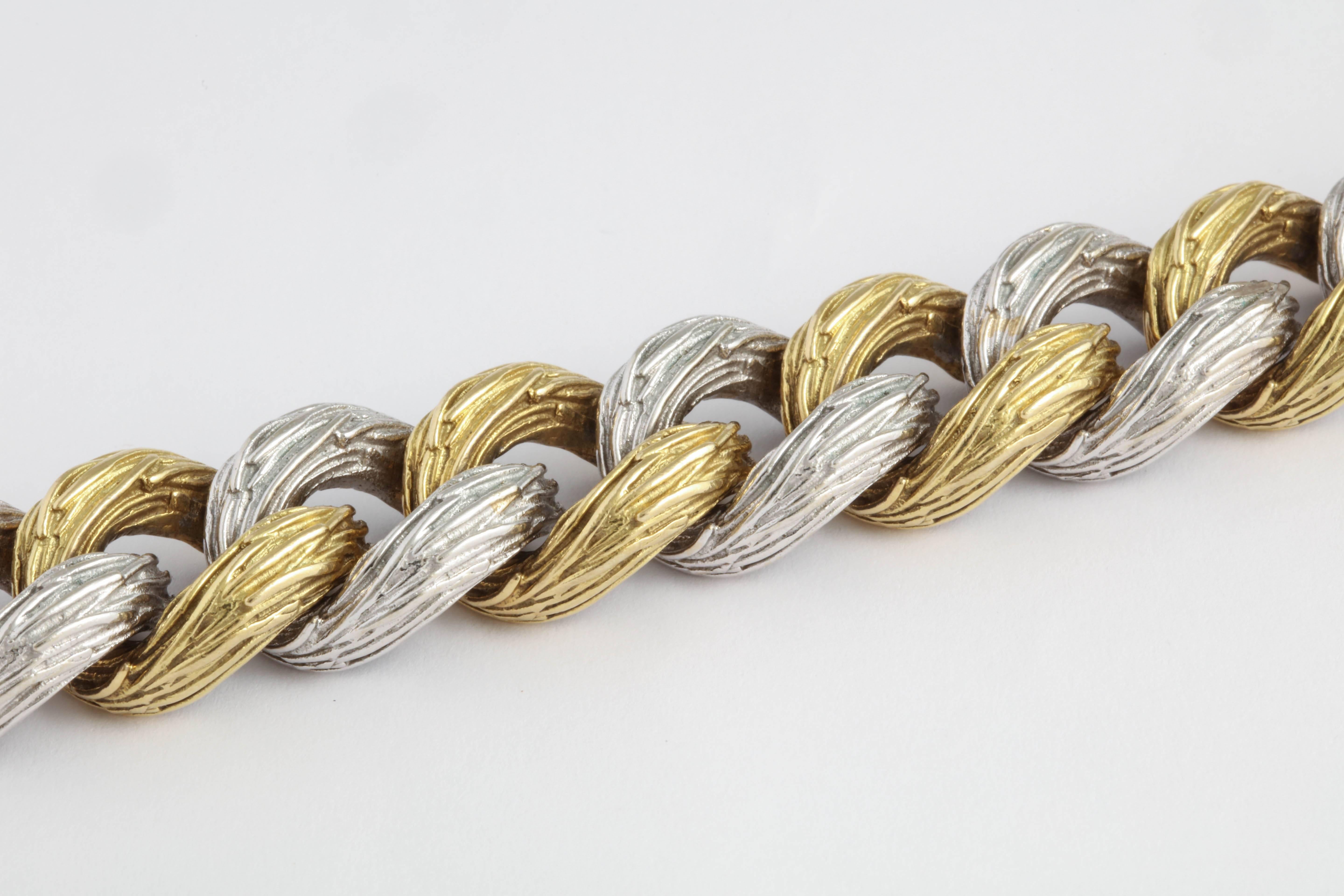 Contemporary Heavy Sculptural White and Yellow Gold Oval Link Bracelet