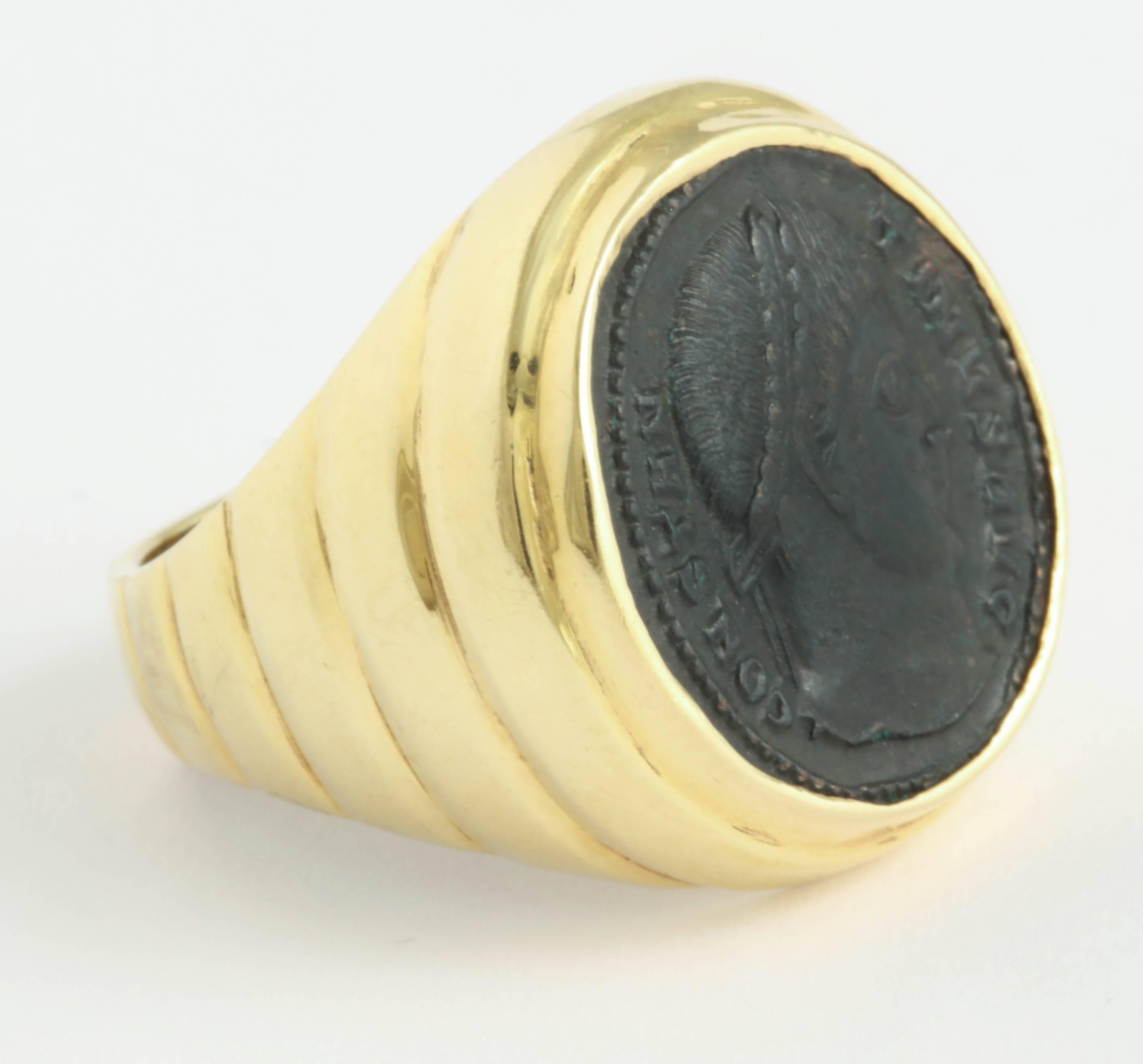 Classical Roman Bronze Head of Constantine 1, Mounted as a Ring