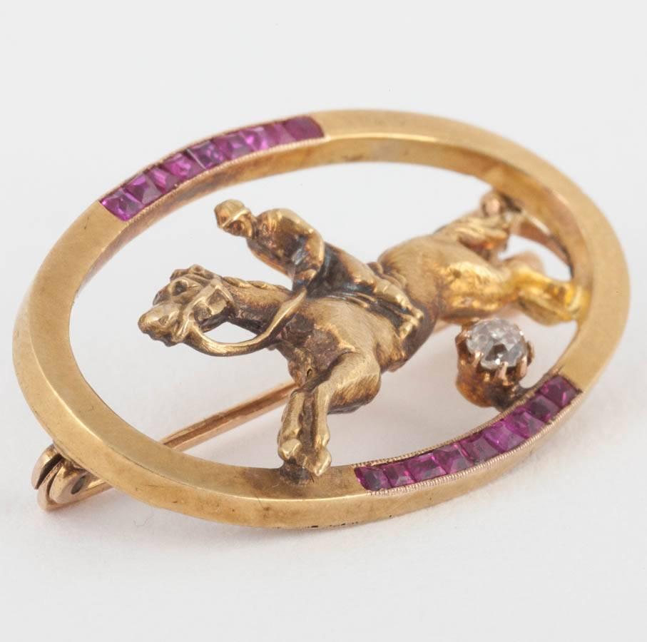 High Victorian Racehorse and jockey, Burma Ruby and Diamond Gold Racing Brooch, c, 1900