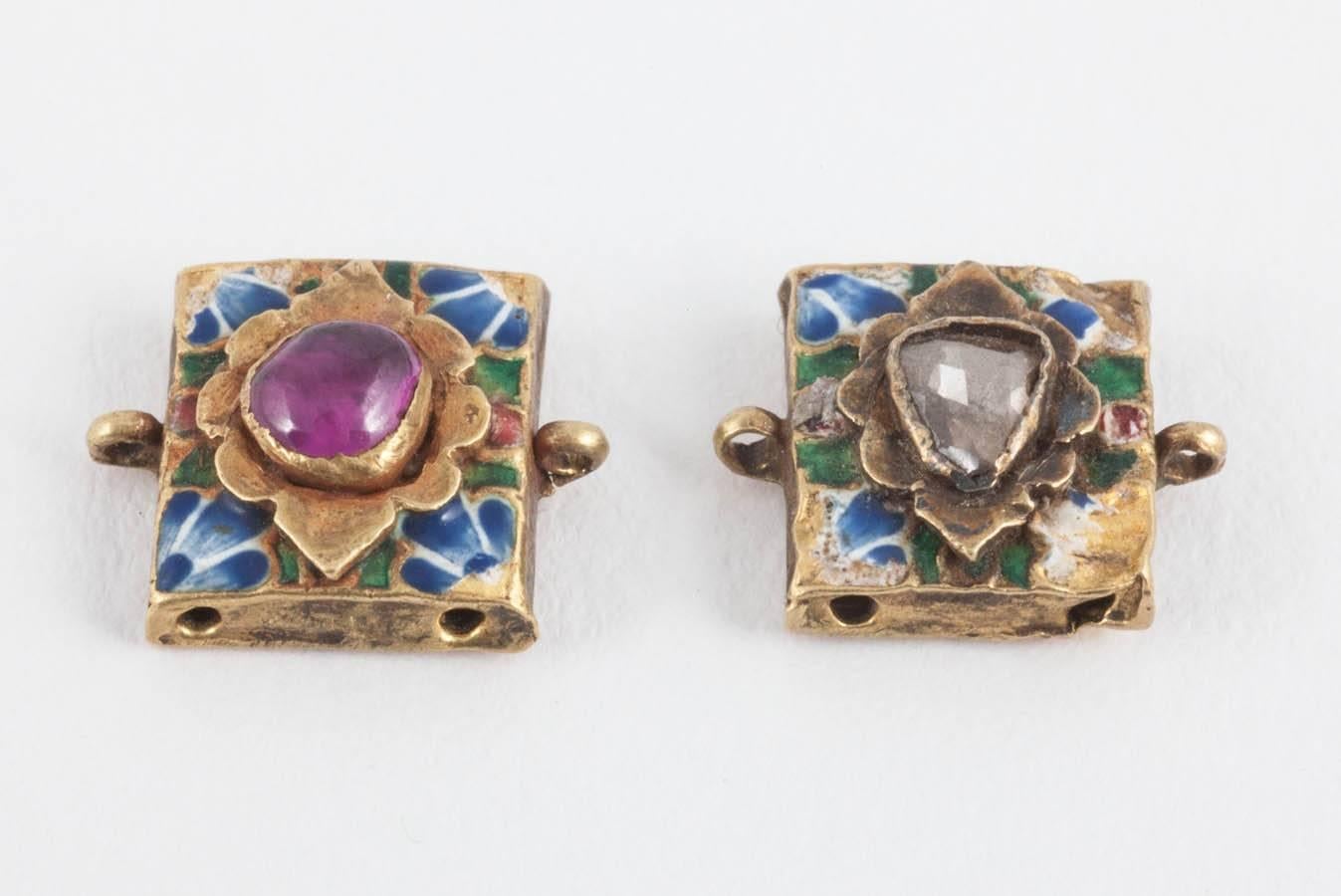 Anglo-Indian  Indian Plaques, 15, 18th century, Set Rubies, Diamonds and Enamel