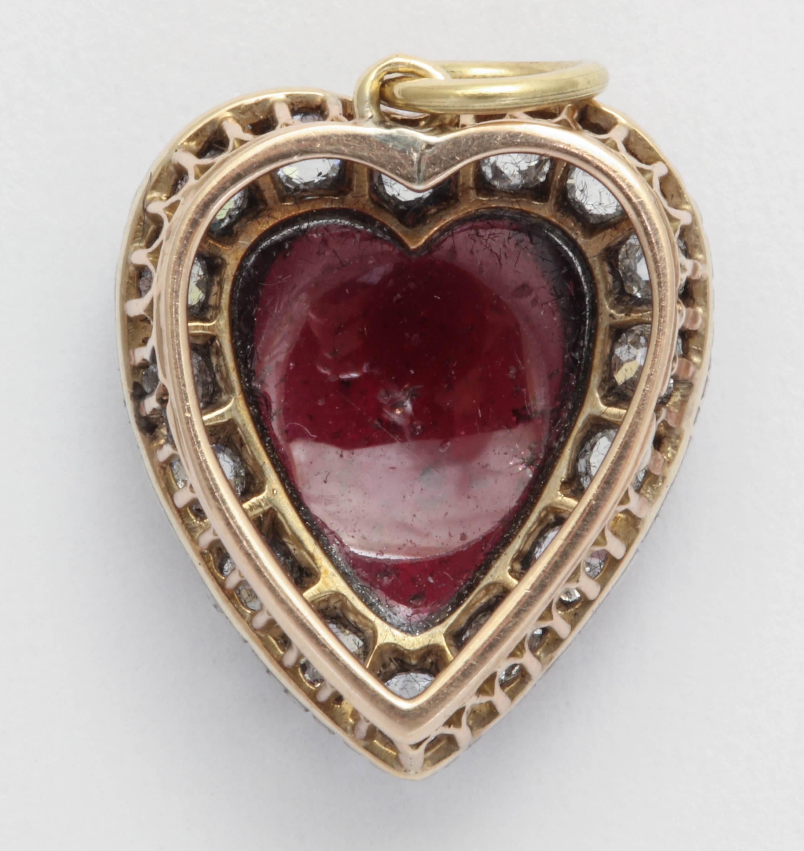 Old Mine Cut Garnet and Diamond Victorian Heart Pendant