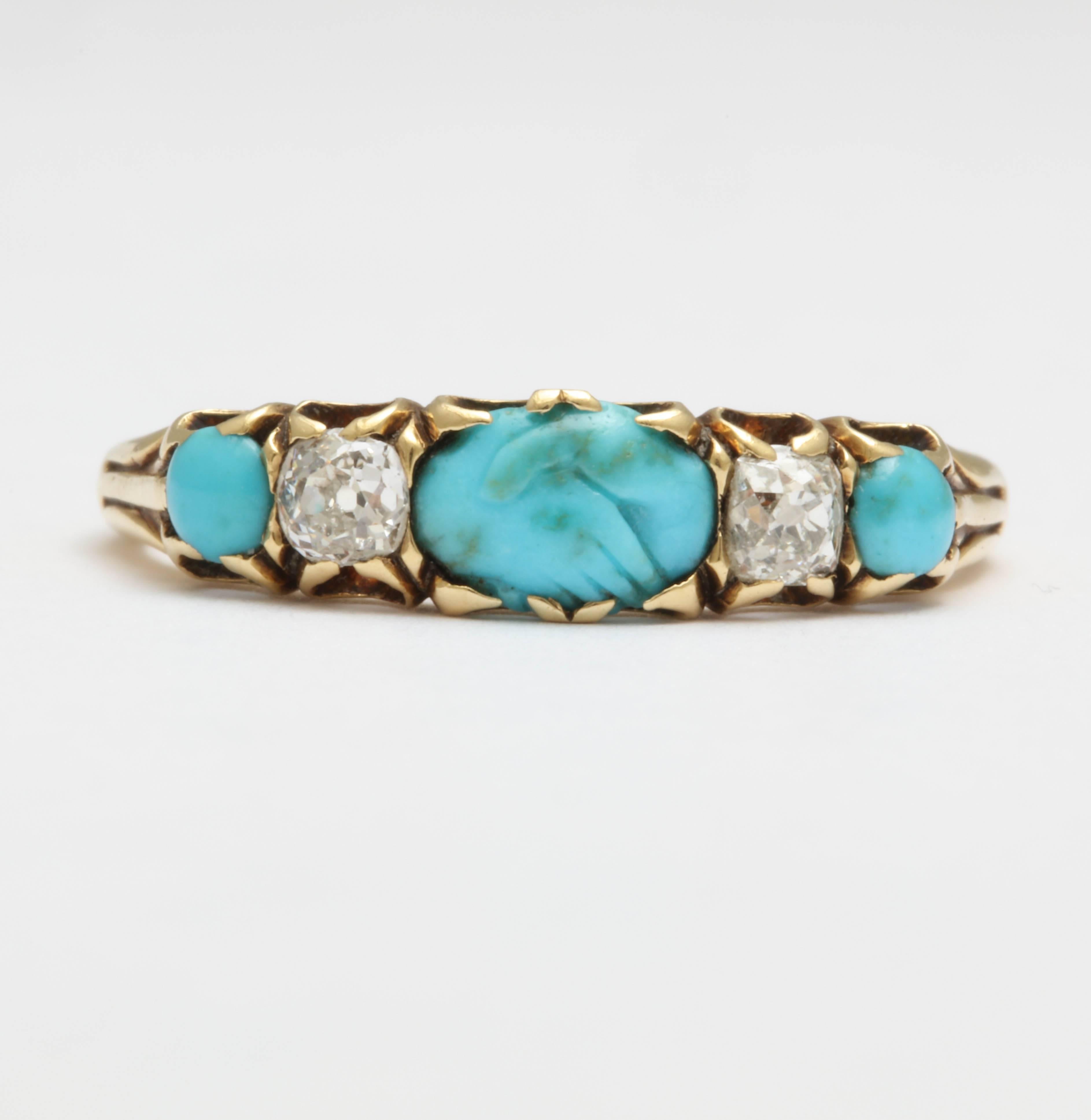 Victorian Turquoise Carved Fede and Diamond Ring