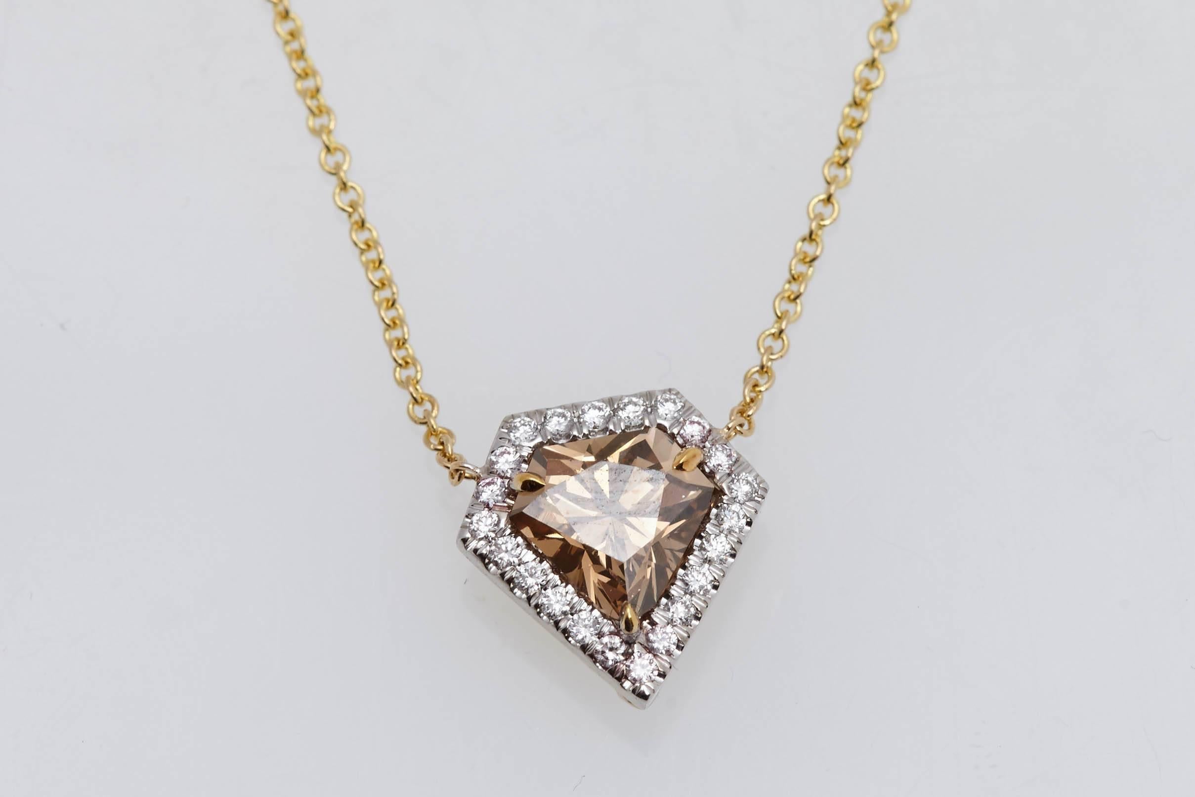 Modern Shield Shaped Diamond 1.45 Carat GIA Natural Fancy Orange-Brown Gold Necklace For Sale