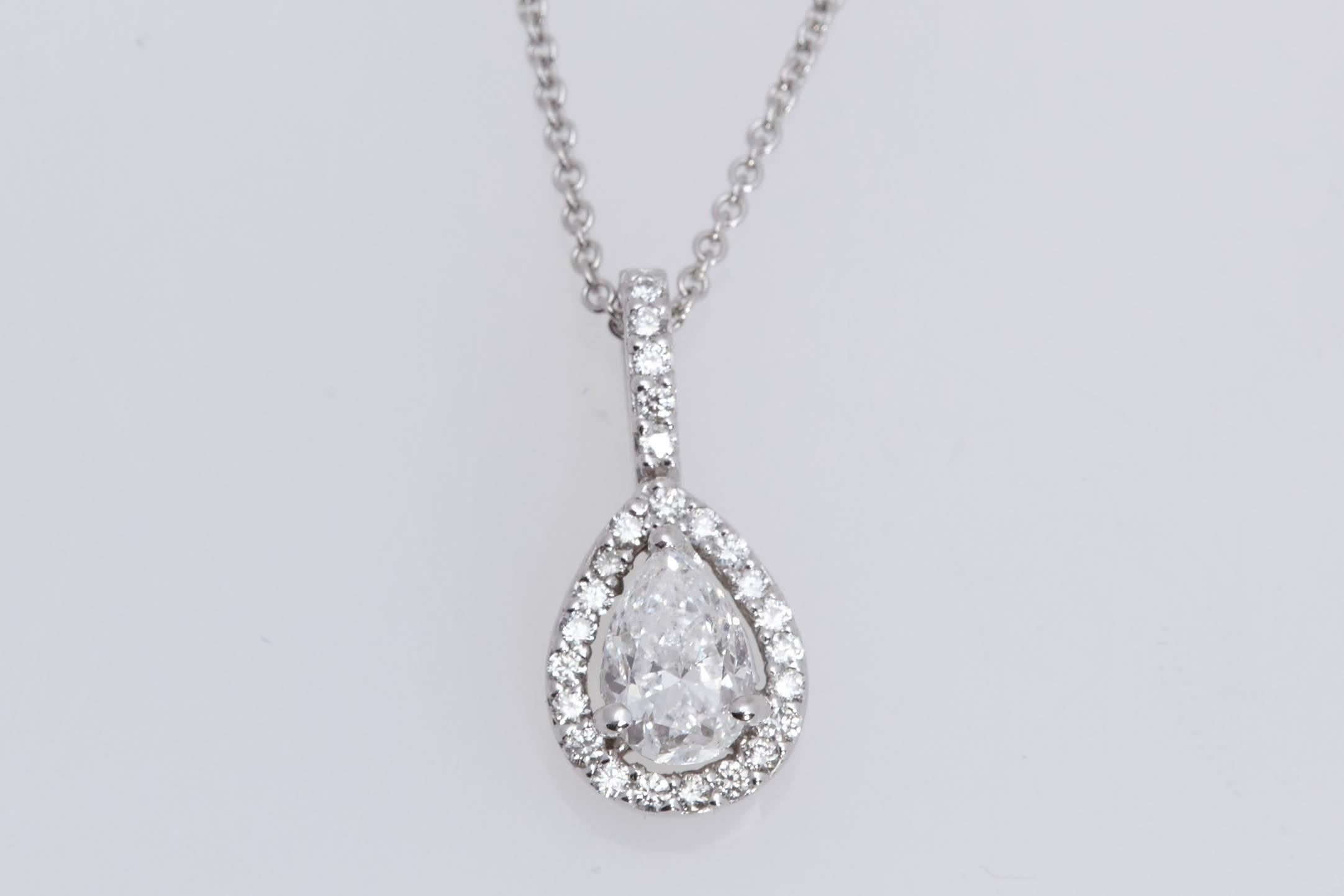 Pear Cut 14 Karat White Gold Pear Shape Diamond Halo Necklace For Sale