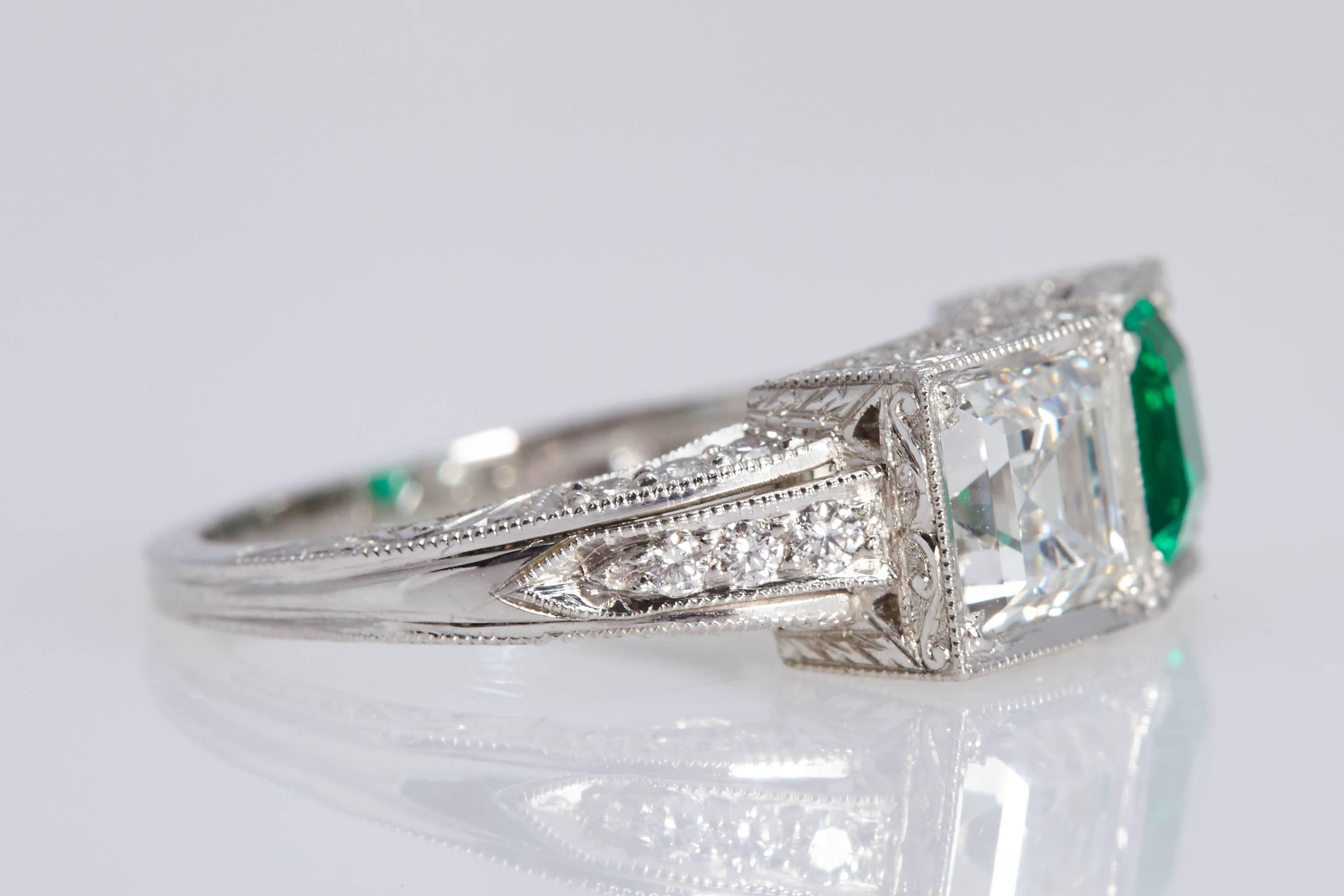 Art Deco Two-Stone Platinum Ring Square Diamond and Square Emerald GIA For Sale