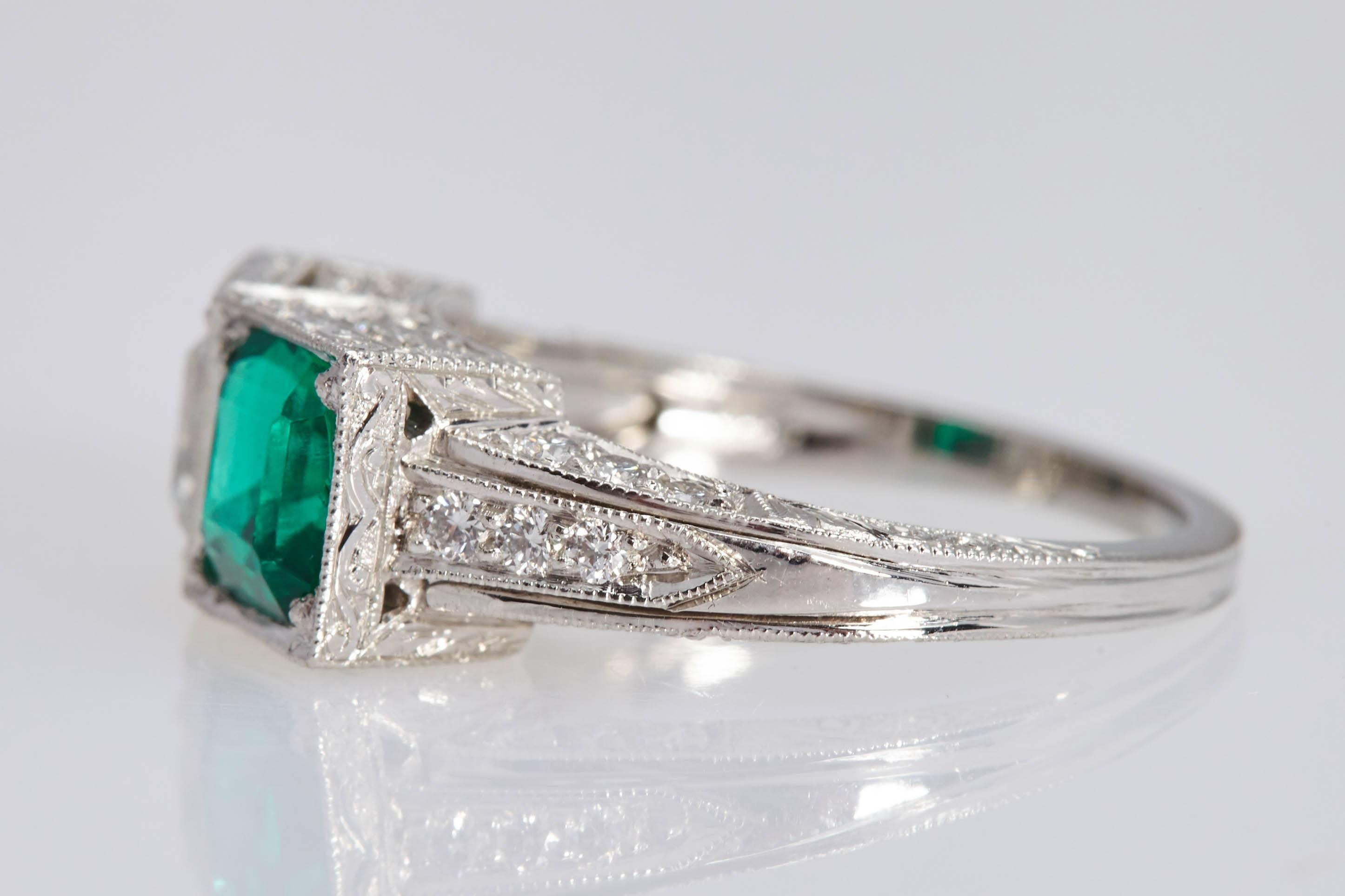 Two-Stone Platinum Ring Square Diamond and Square Emerald GIA In Excellent Condition For Sale In New York, NY