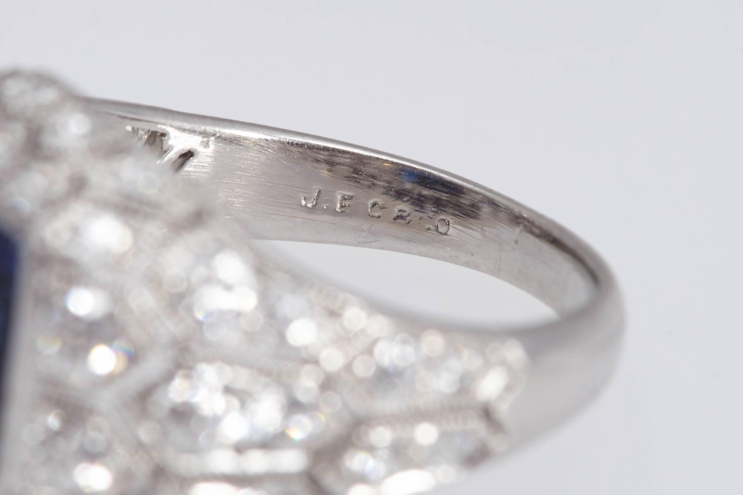 Women's Art Deco J. E. Caldwell 2.89 Carat Sapphire Diamond Ring AGL Certificate For Sale