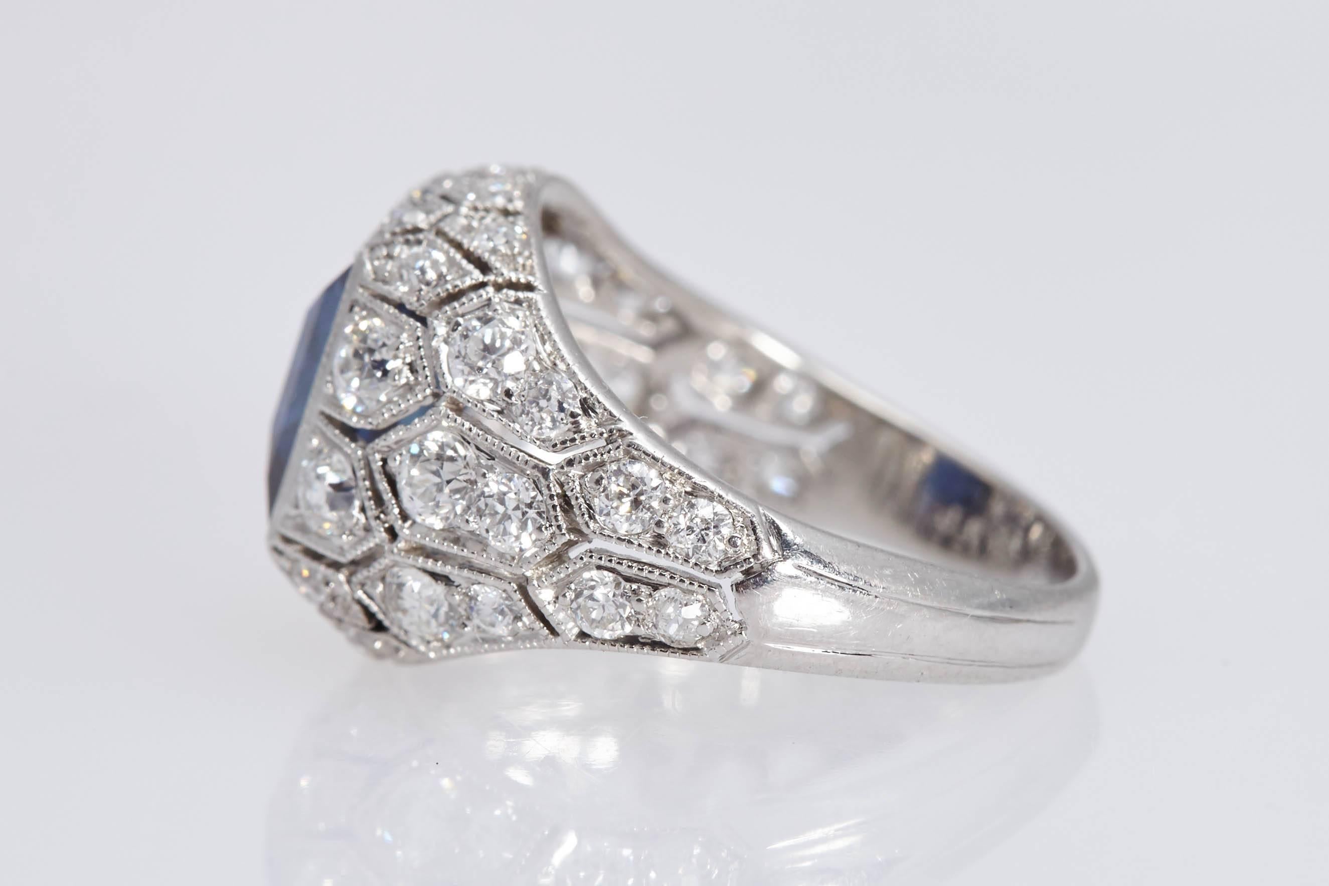 Art Deco J. E. Caldwell 2.89 Carat Sapphire Diamond Ring AGL Certificate For Sale 1