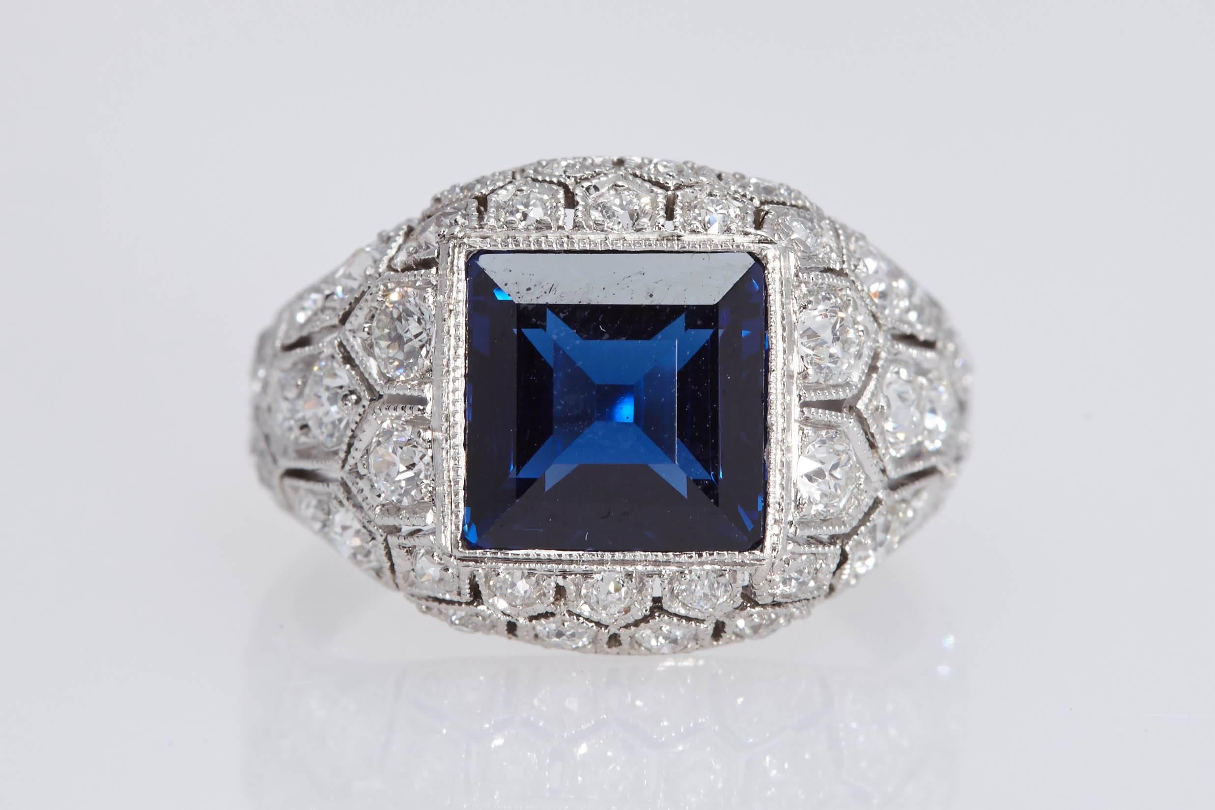 Art Deco J. E. Caldwell 2.89 Carat Sapphire Diamond Ring AGL Certificate For Sale 2