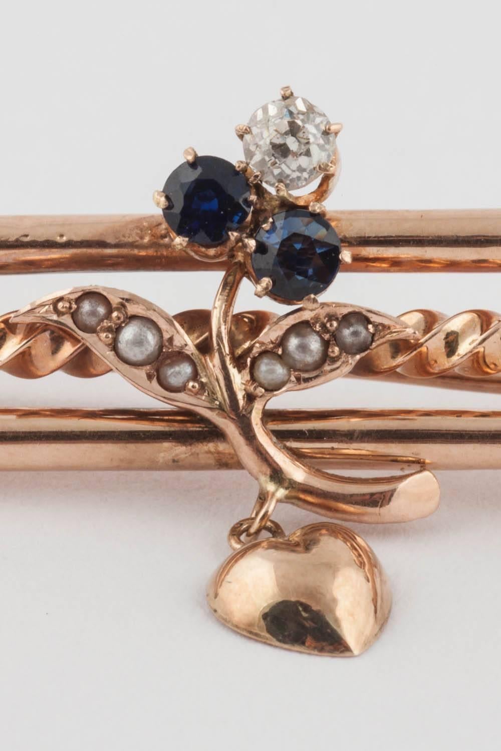 Old European Cut Russian Imperial-era Gold Sapphire Diamond Brooch with Heart, circa 1900 For Sale
