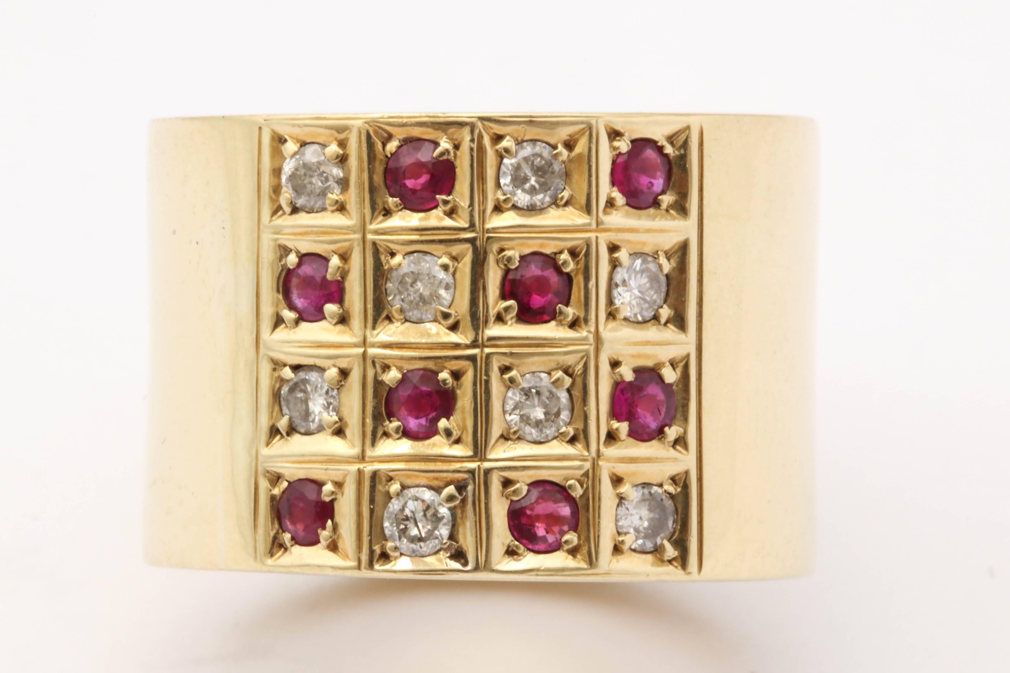 One Unisex Wide High Polish 18kt Yellow Gold Band Measuring 14MM Wide And With A Ring Size Of An American Size 7 And 1/2. Designed In A Checkerboard Motif And Embellishe With Eight Faceted Rubies And Eight Full Cut diamonds. Diamond Weight