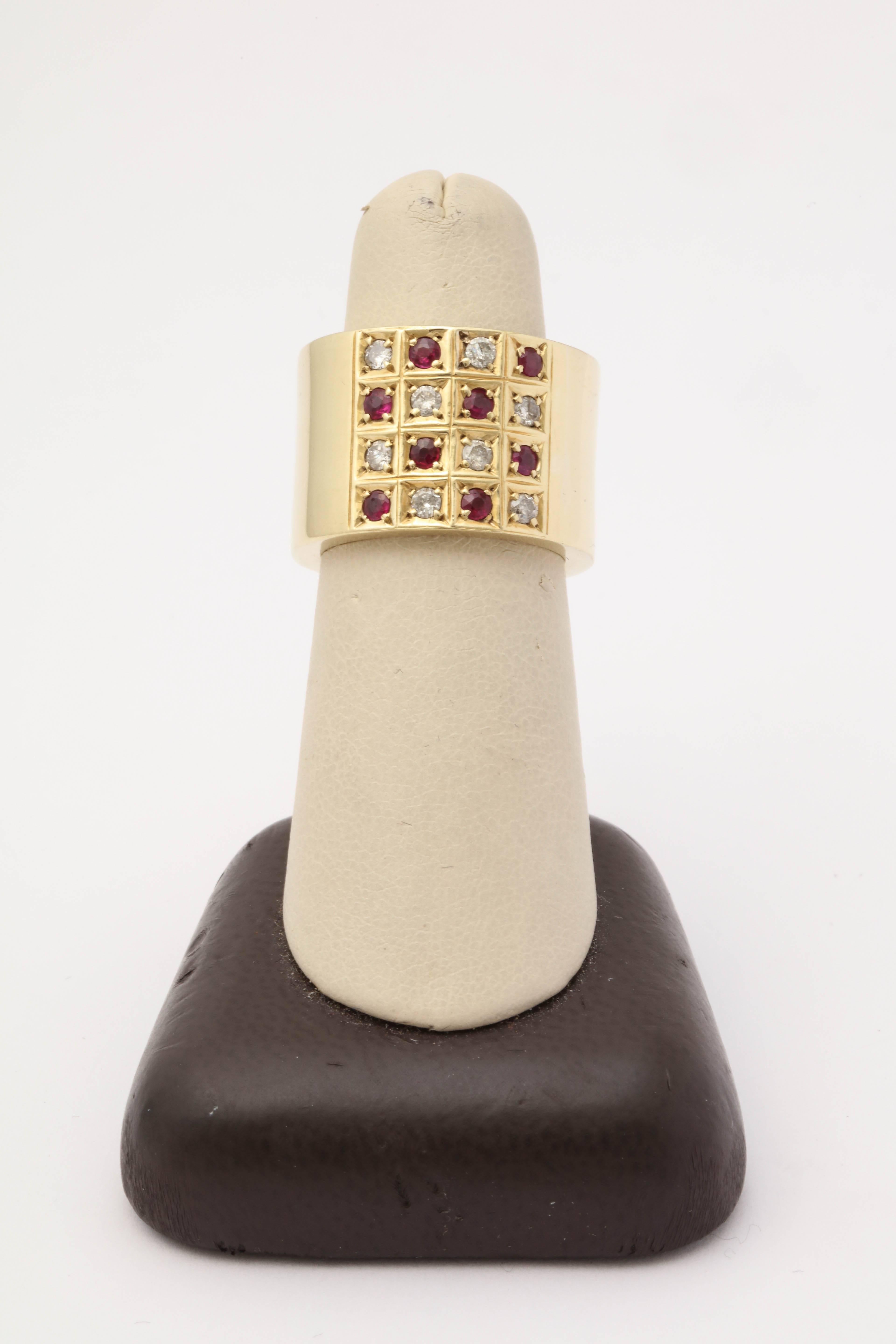 Round Cut 1950s Checkerboard Design Ruby and Diamond Wide High Polish Yellow Gold Band