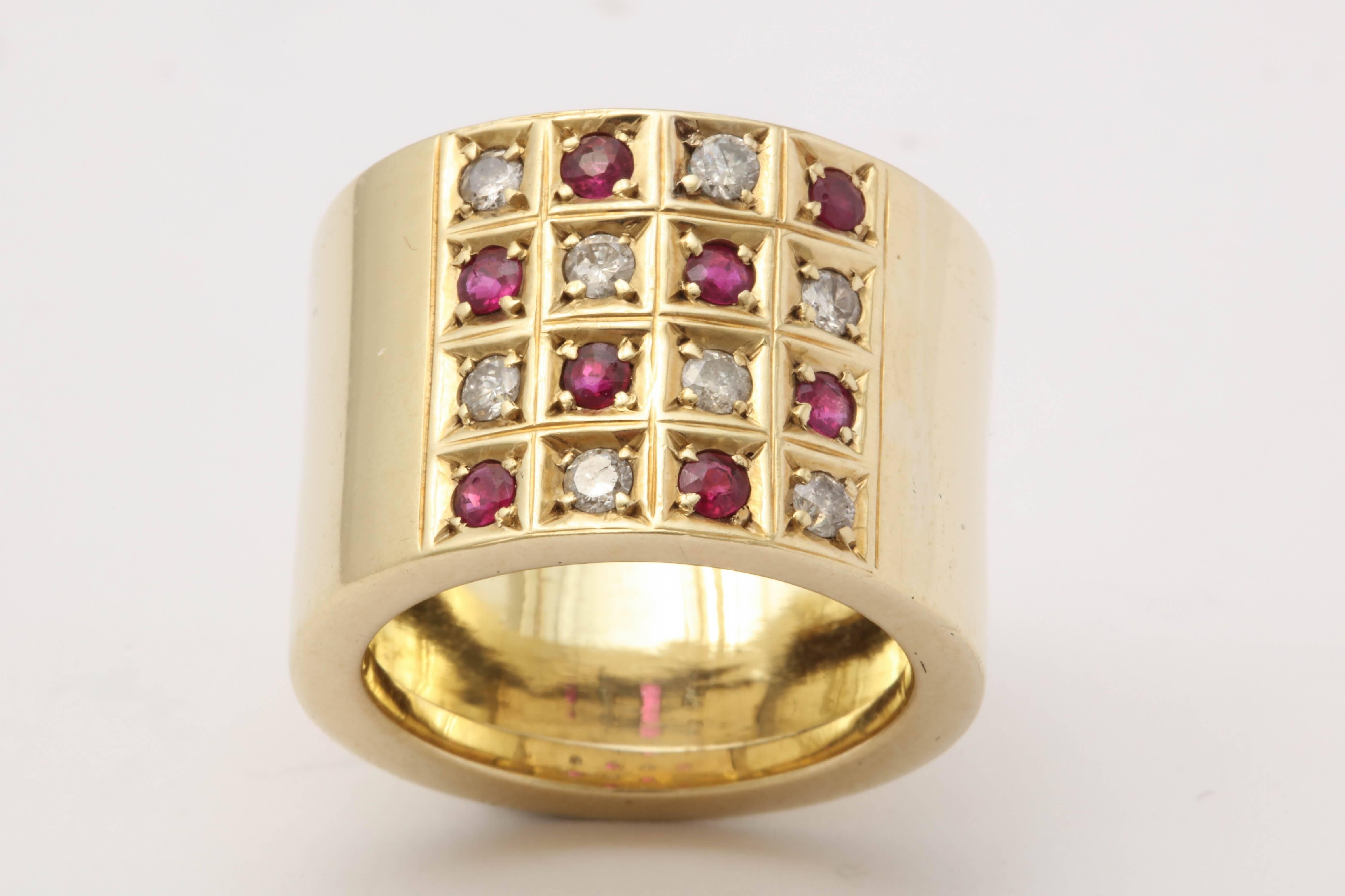 1950s Checkerboard Design Ruby and Diamond Wide High Polish Yellow Gold Band In Good Condition In New York, NY