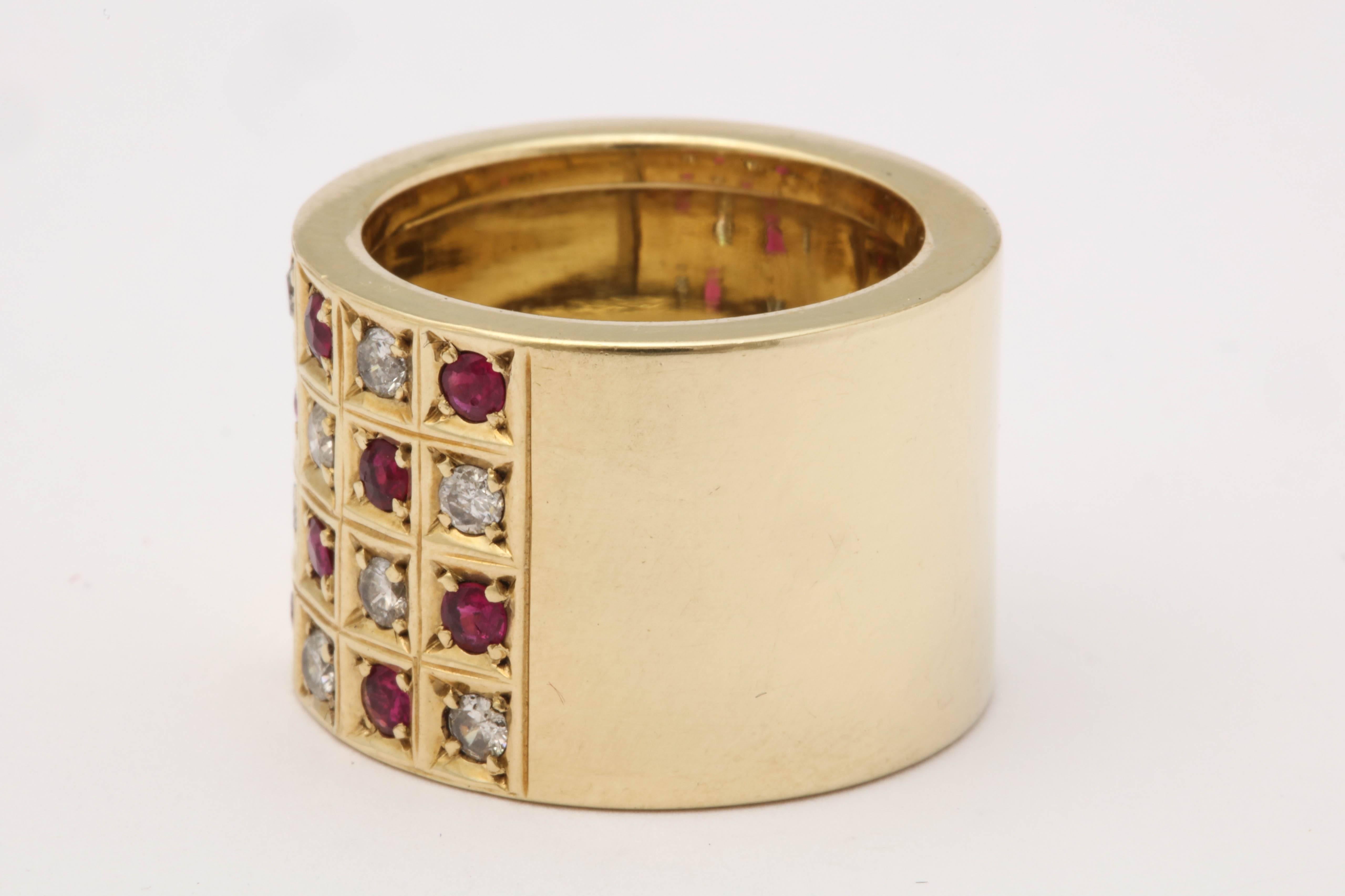 Women's or Men's 1950s Checkerboard Design Ruby and Diamond Wide High Polish Yellow Gold Band