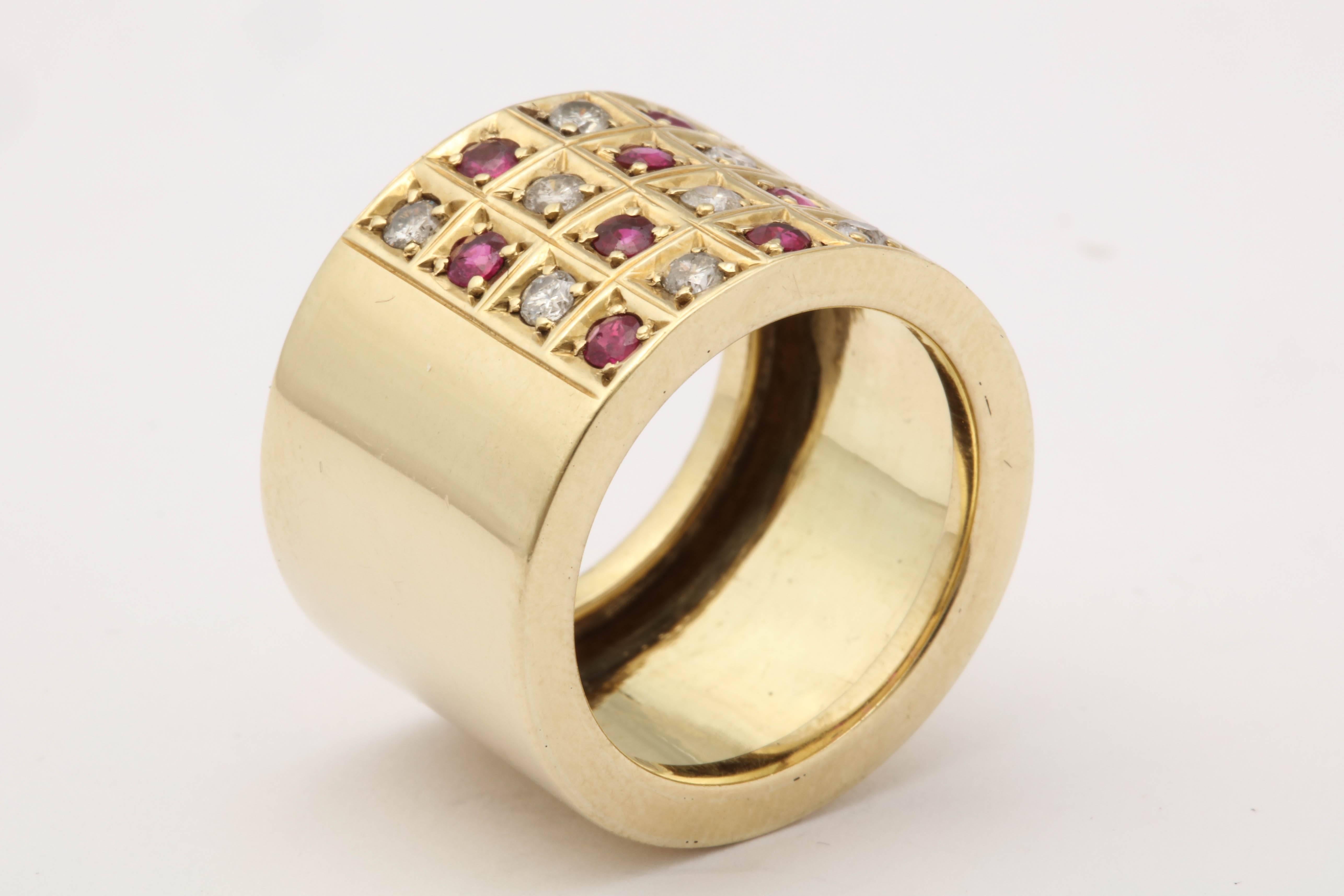 1950s Checkerboard Design Ruby and Diamond Wide High Polish Yellow Gold Band 2