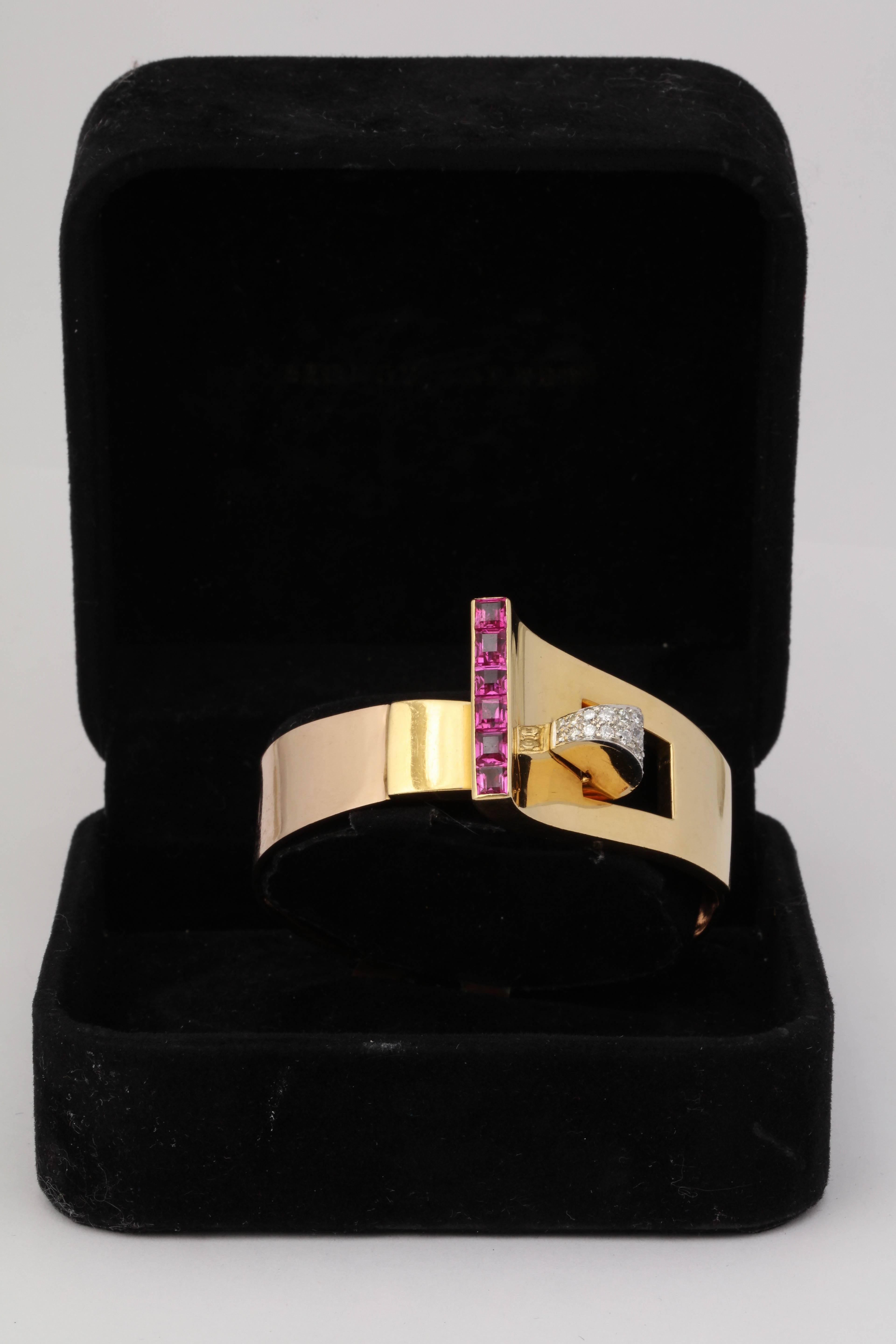Baguette Cut 1940s Buckle Design Pink Sapphires with Diamonds Gold Bangle Cuff Bracelet