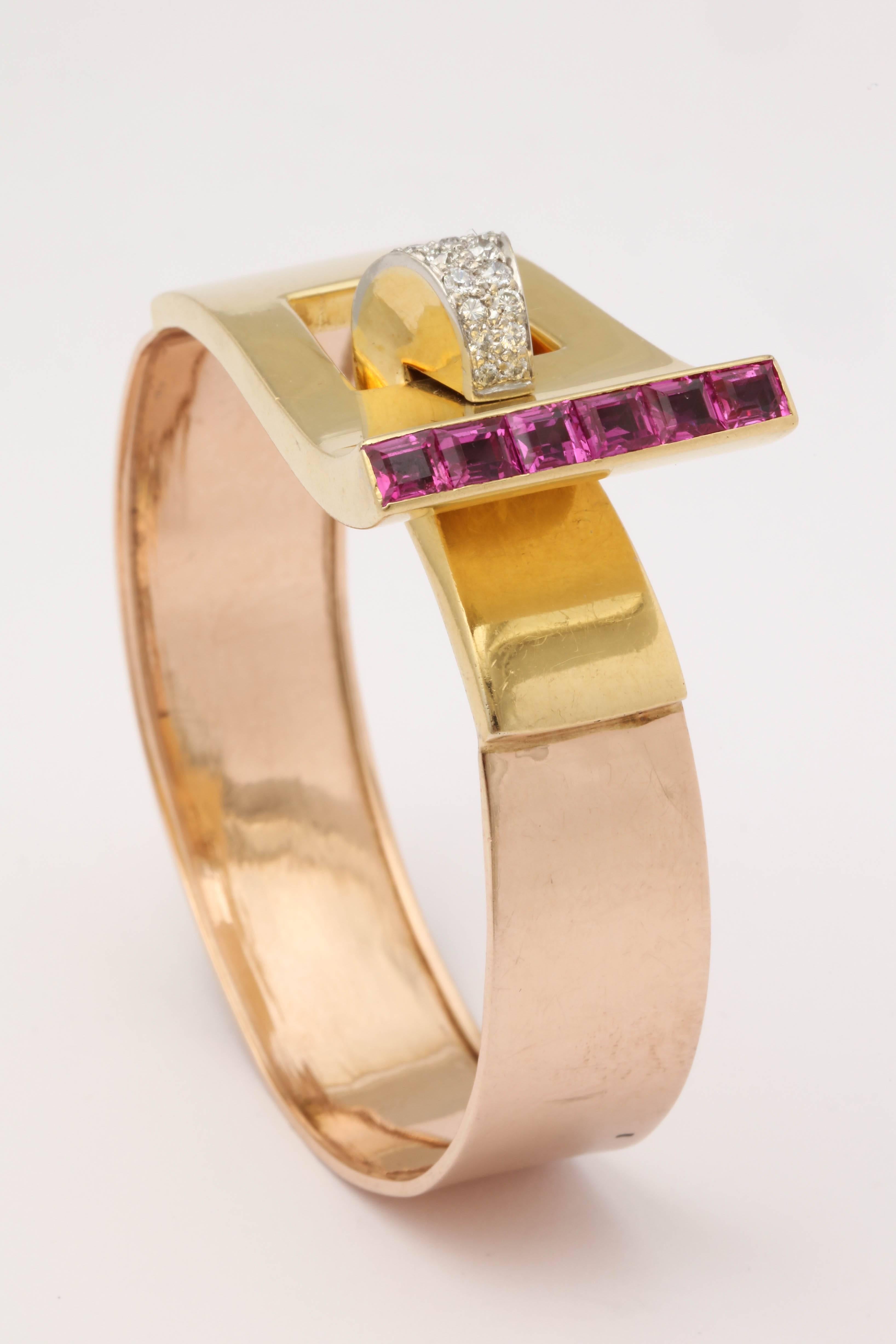 1940s Buckle Design Pink Sapphires with Diamonds Gold Bangle Cuff Bracelet 2