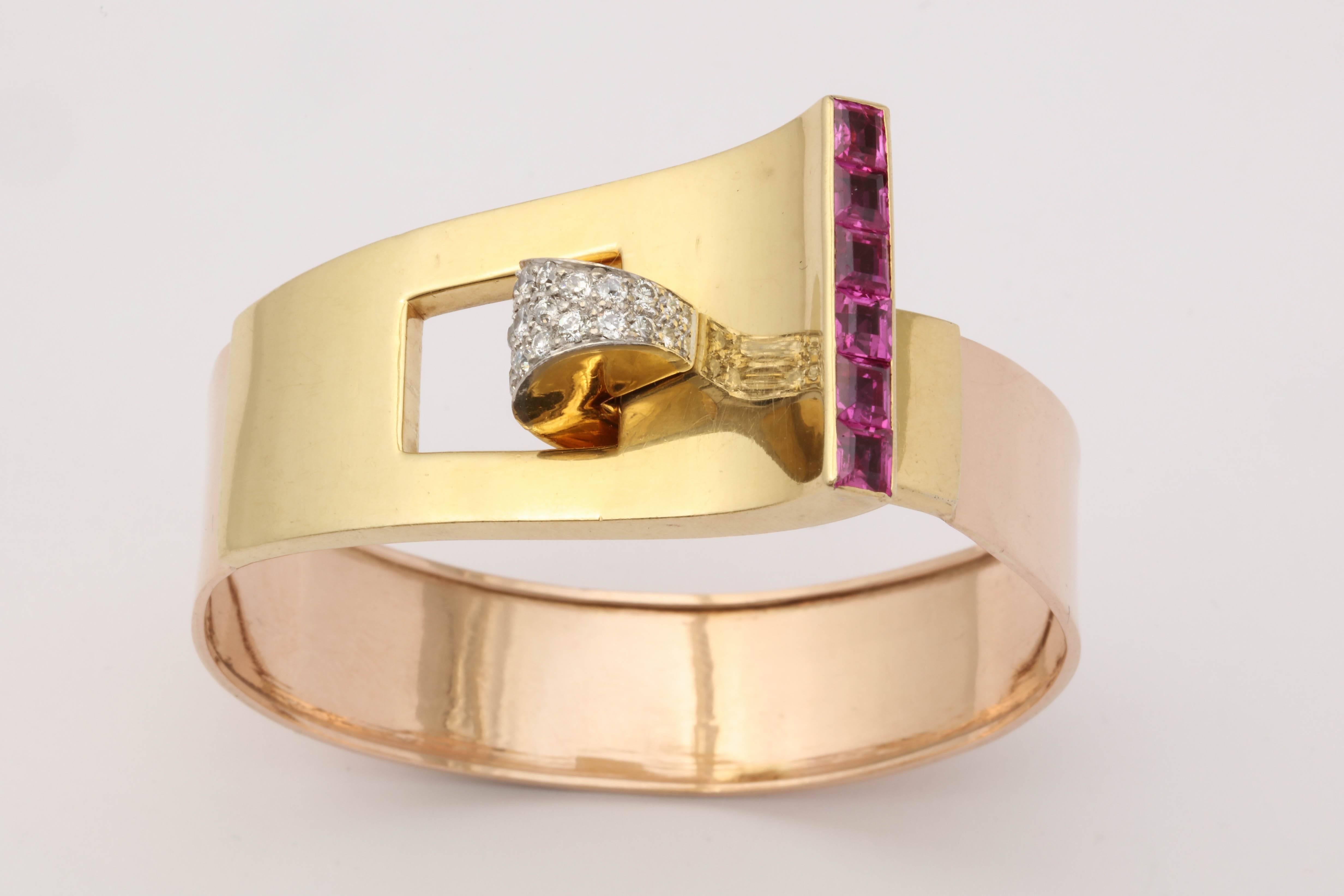 1940s Buckle Design Pink Sapphires with Diamonds Gold Bangle Cuff Bracelet 3