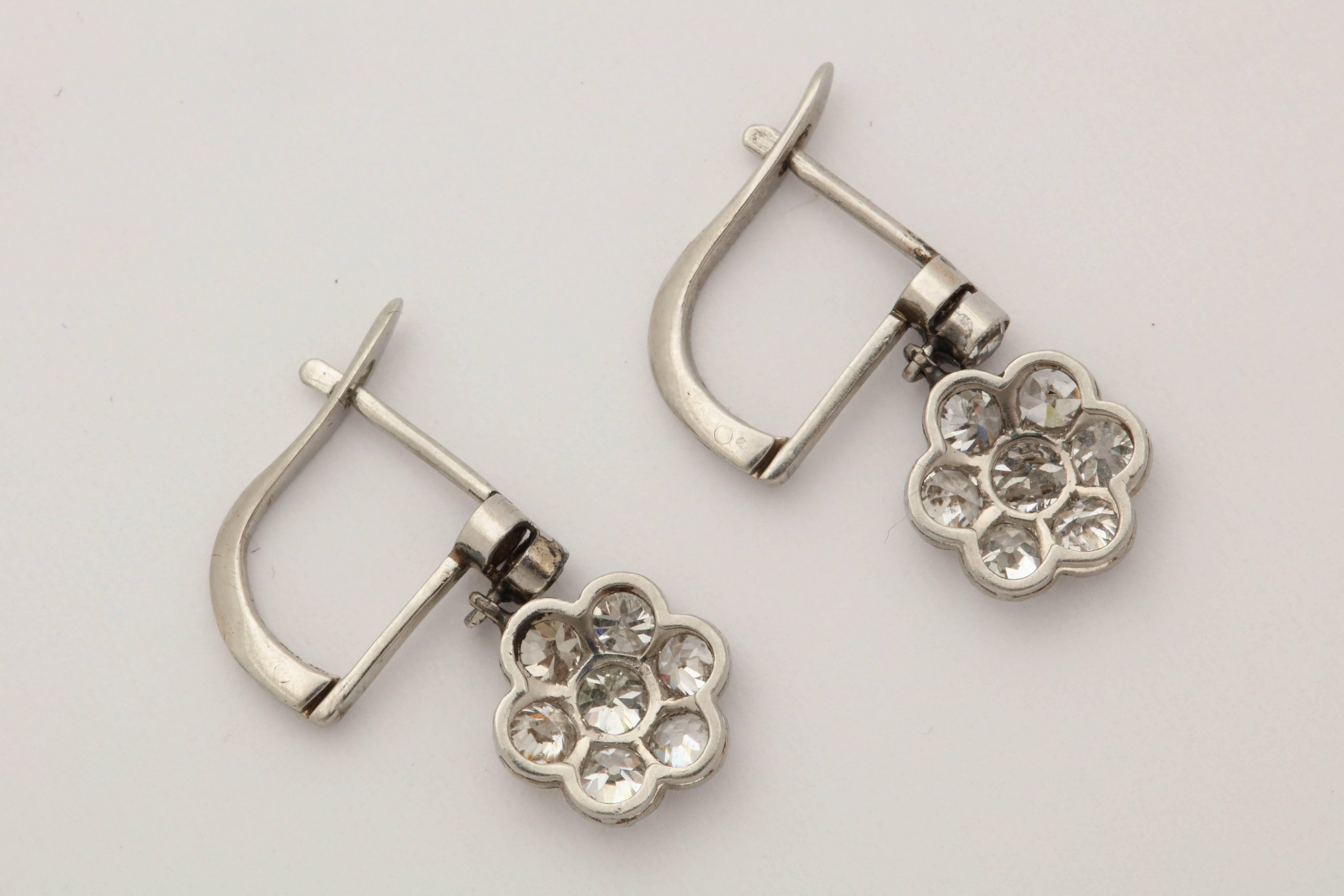 Round Cut Art Deco Rosetta Design Flower Cluster Diamond and Platinum Drop Earrings