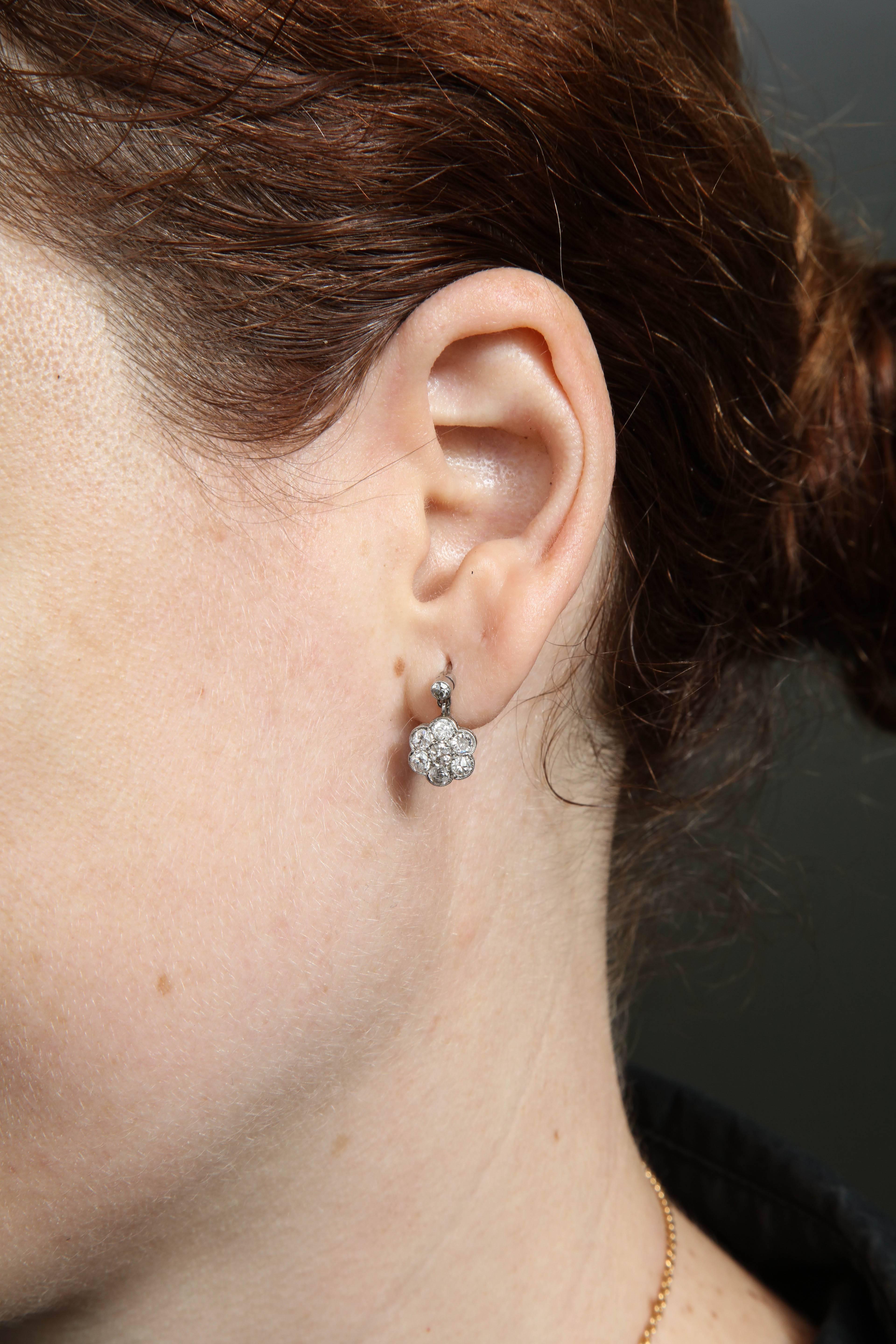 Women's Art Deco Rosetta Design Flower Cluster Diamond and Platinum Drop Earrings