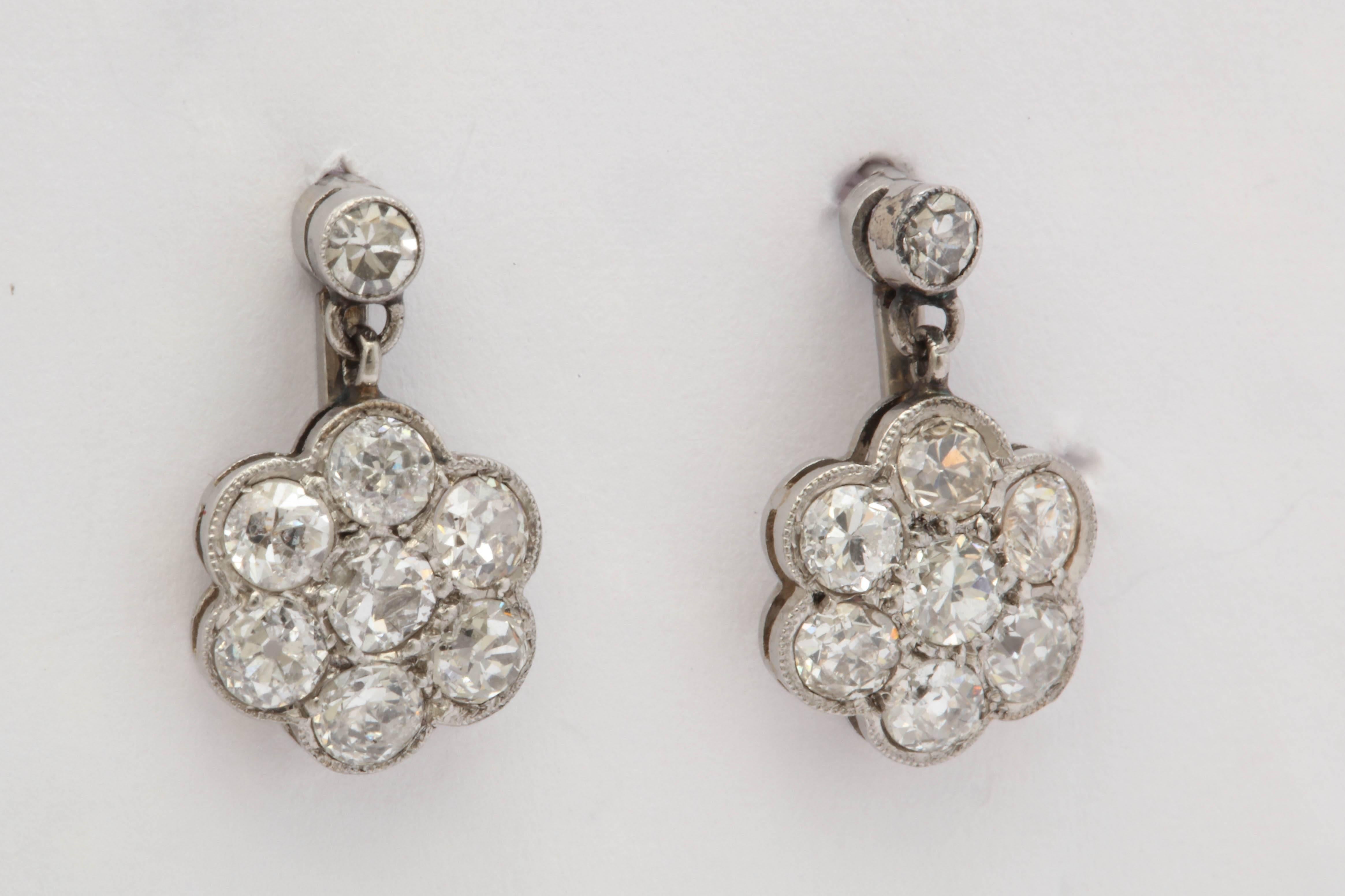 Art Deco Rosetta Design Flower Cluster Diamond and Platinum Drop Earrings 1